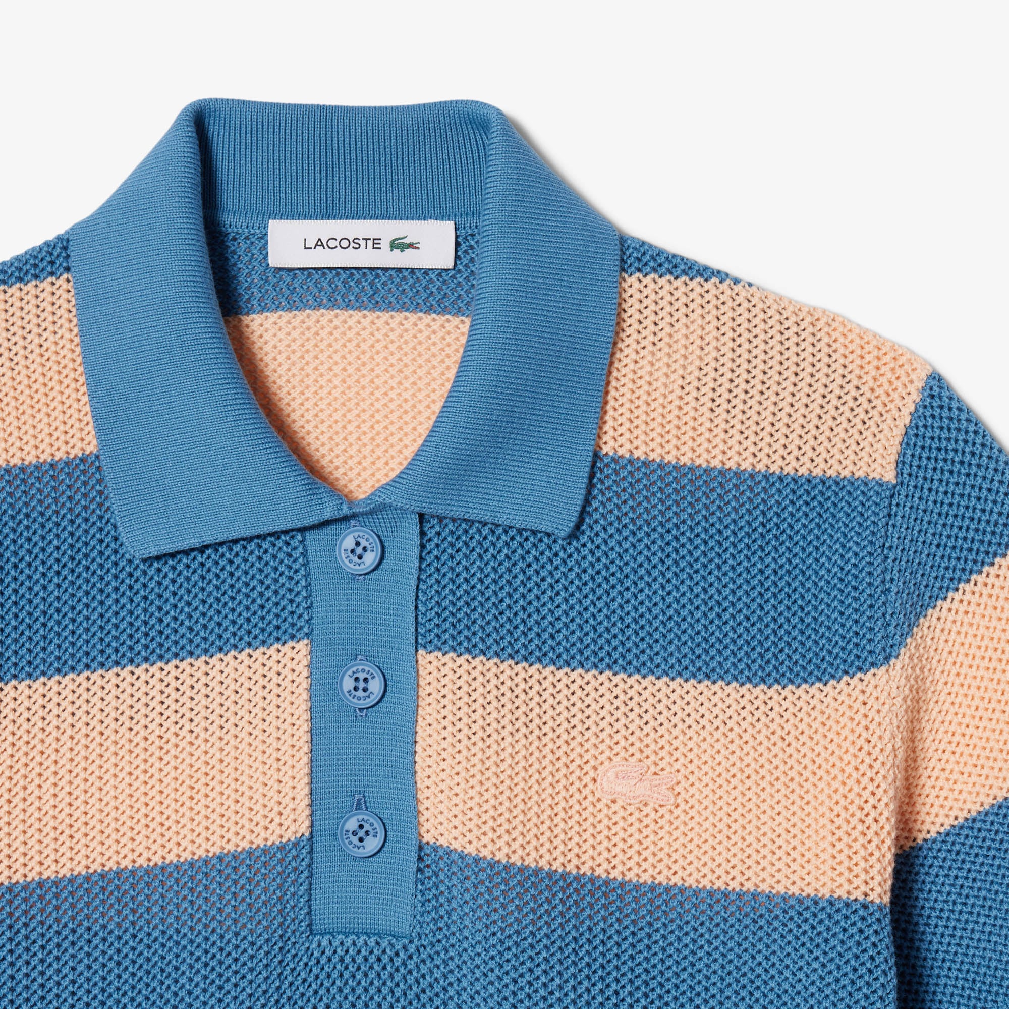 Áo Len Lacoste Nữ Dáng Suông Dệt Lưới Cổ Polo Kẻ Sọc