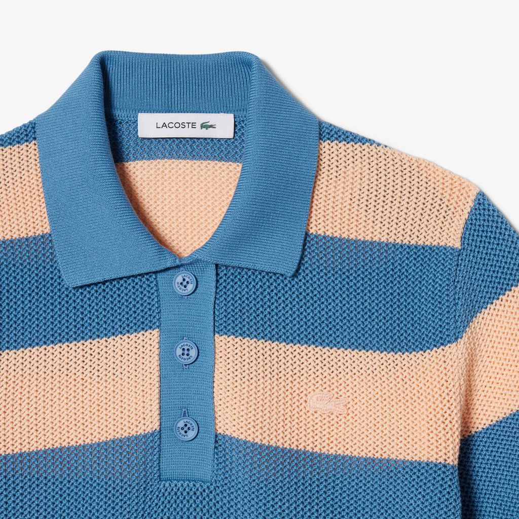 Áo Len Lacoste Nữ Dáng Suông Dệt Lưới Cổ Polo Kẻ Sọc