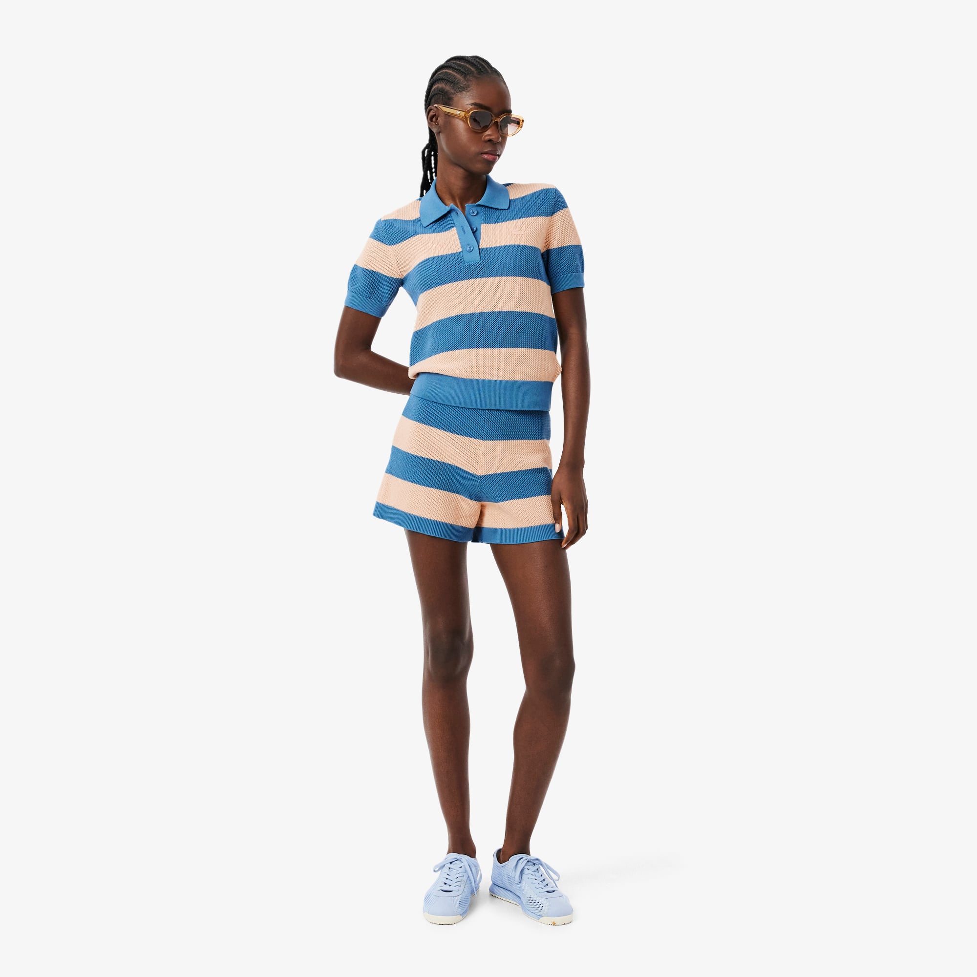 Áo Len Lacoste Nữ Dáng Suông Dệt Lưới Cổ Polo Kẻ Sọc