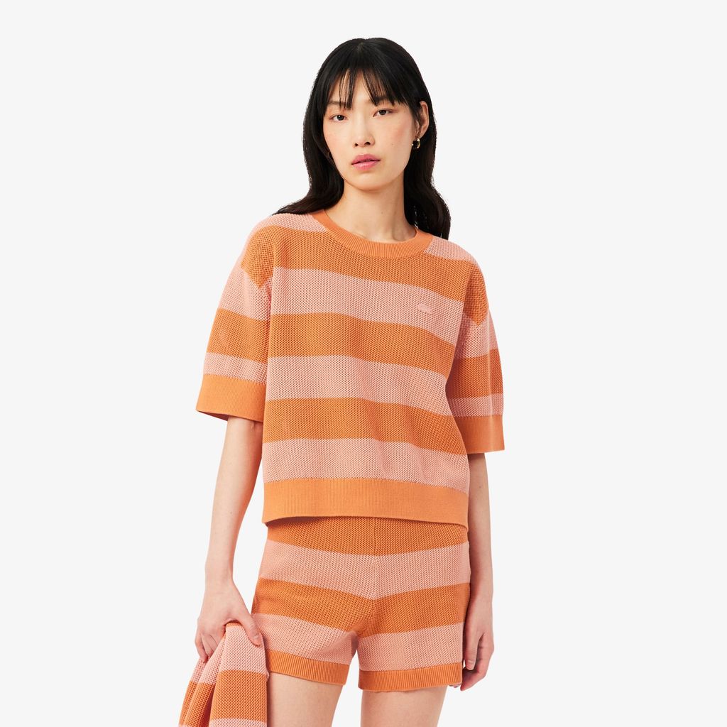 Áo Len Lacoste Nữ Dáng Oversize Dệt Lưới Kẻ Sọc