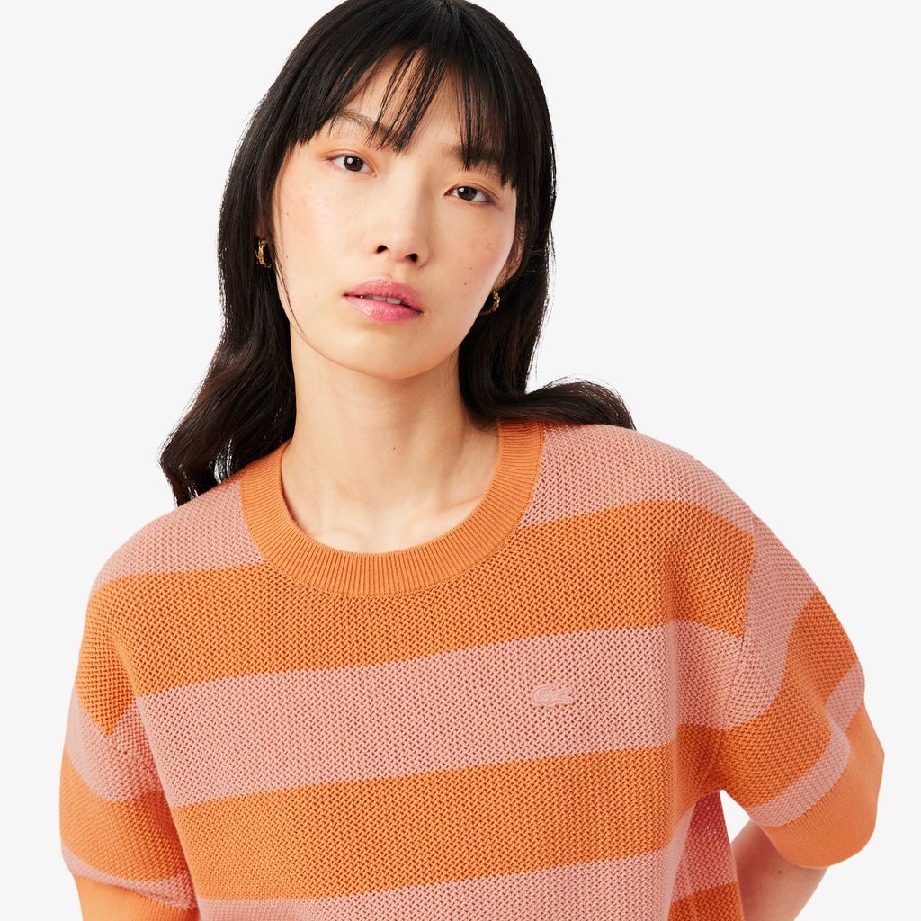 Áo Len Lacoste Nữ Dáng Oversize Dệt Lưới Kẻ Sọc
