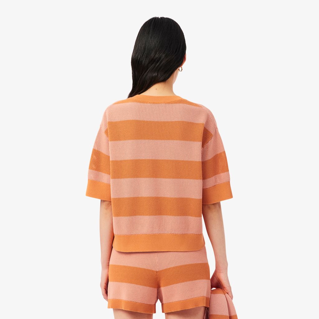 Áo Len Lacoste Nữ Dáng Oversize Dệt Lưới Kẻ Sọc