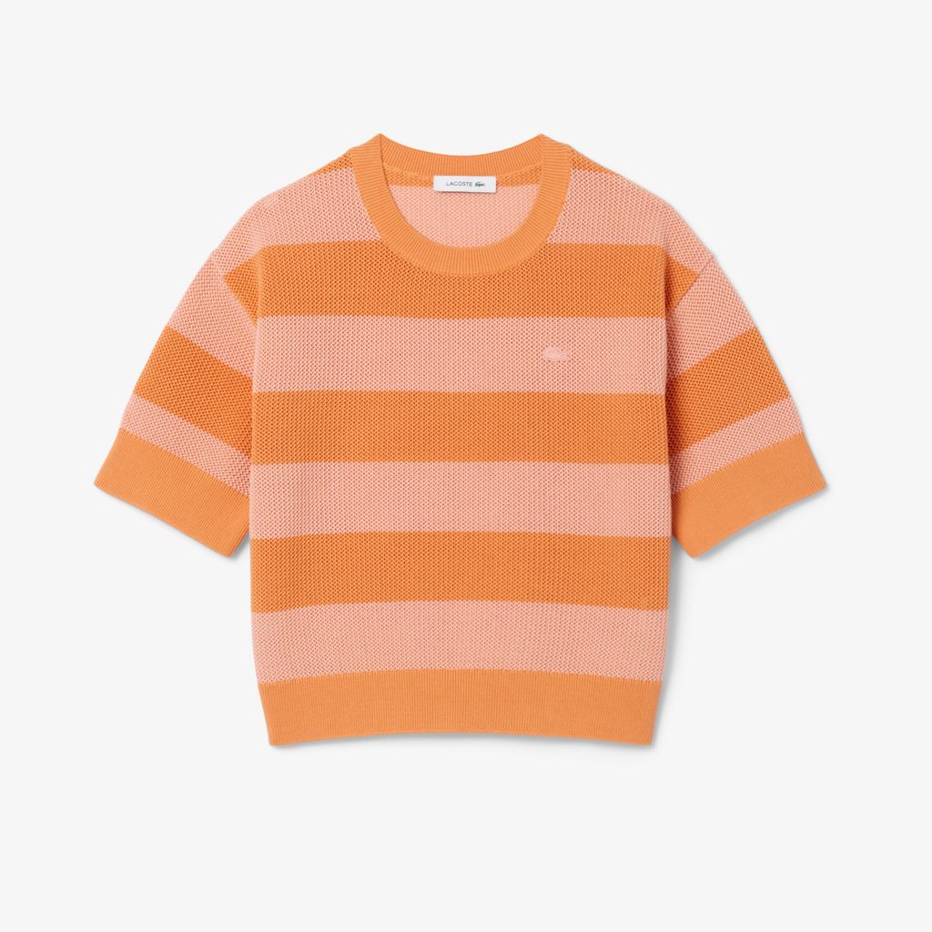 Áo Len Lacoste Nữ Dáng Oversize Dệt Lưới Kẻ Sọc