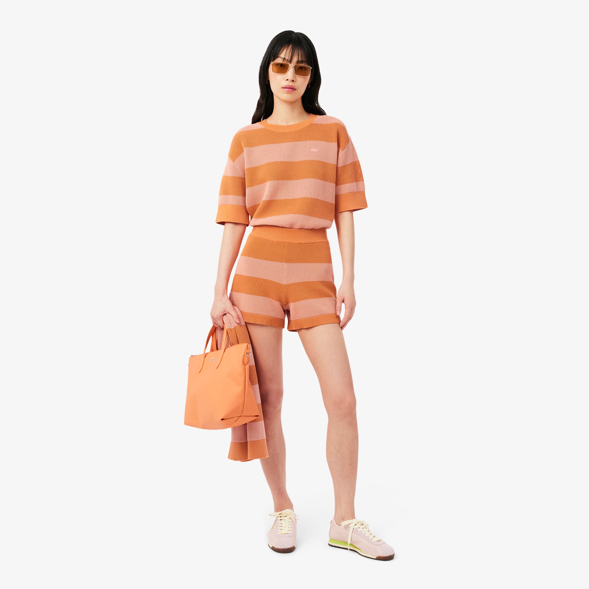 Áo Len Lacoste Nữ Dáng Oversize Dệt Lưới Kẻ Sọc
