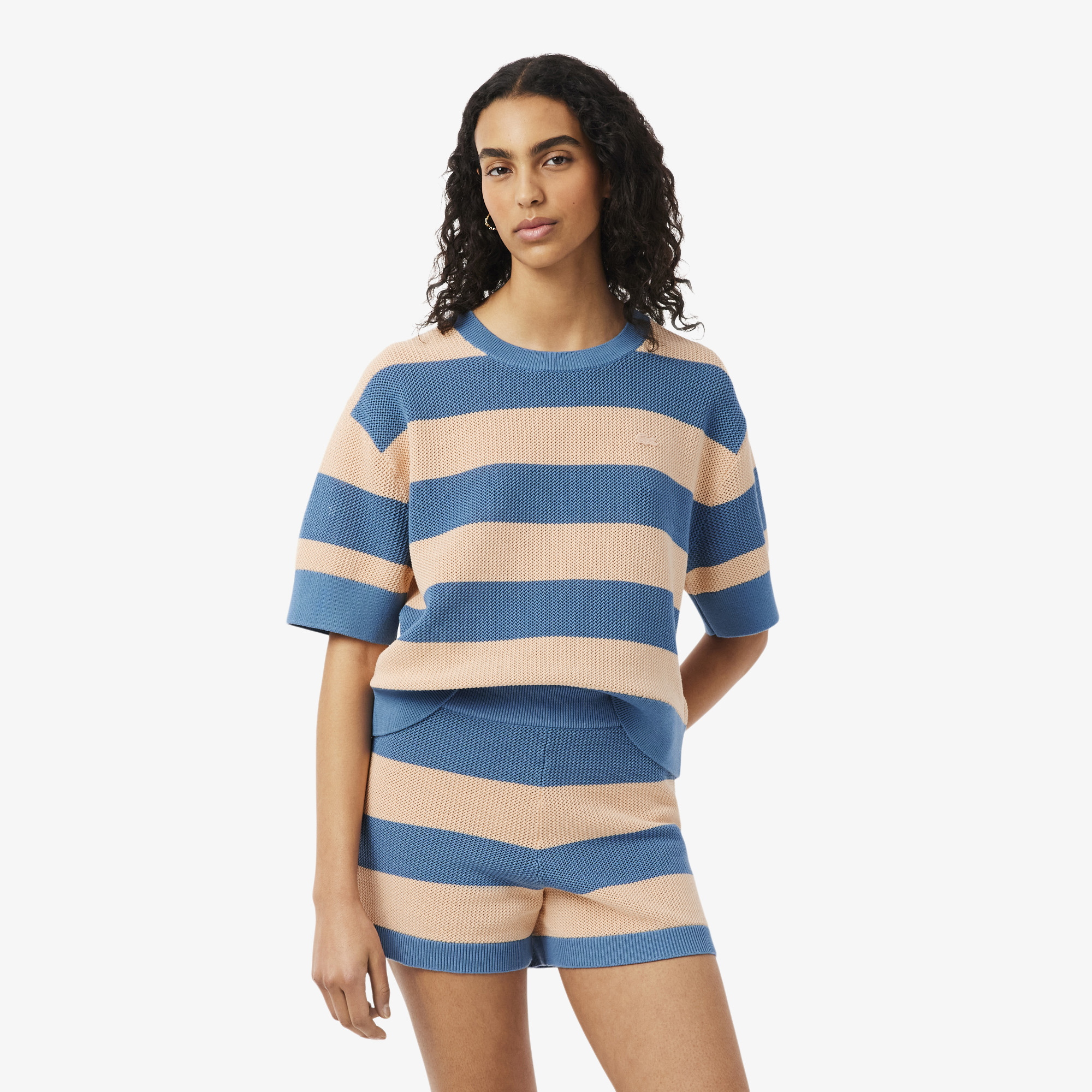 Áo Len Lacoste Nữ Dáng Oversize Dệt Lưới Kẻ Sọc