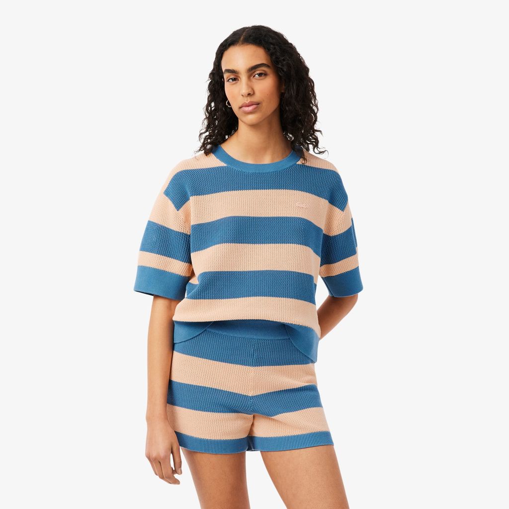 Áo Len Lacoste Nữ Dáng Oversize Dệt Lưới Kẻ Sọc