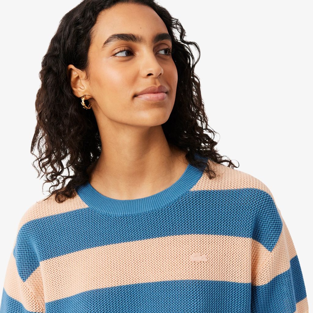 Áo Len Lacoste Nữ Dáng Oversize Dệt Lưới Kẻ Sọc