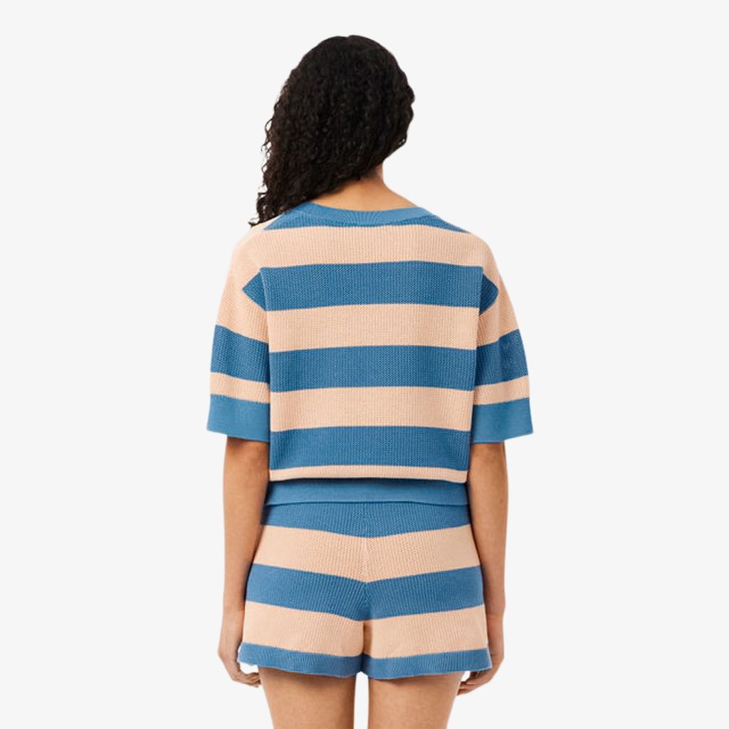 Áo Len Lacoste Nữ Dáng Oversize Dệt Lưới Kẻ Sọc