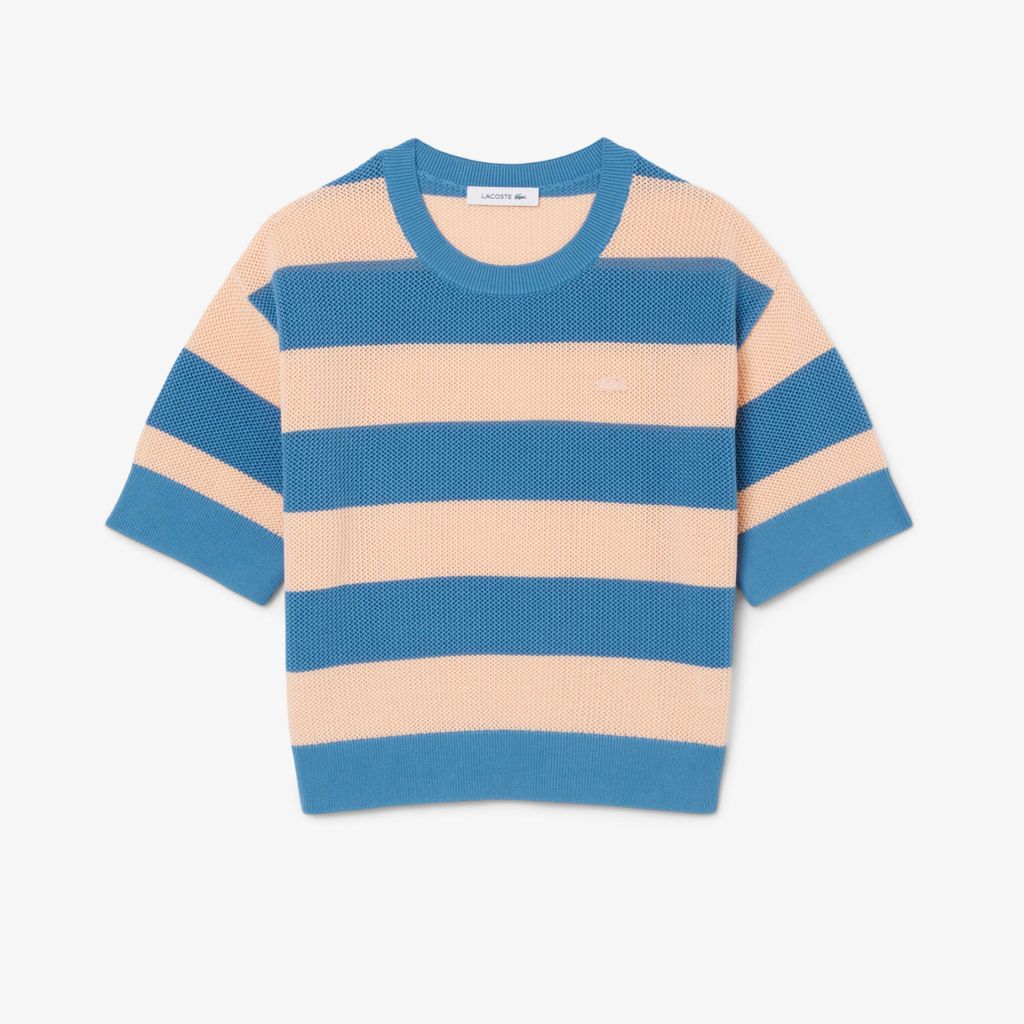 Áo Len Lacoste Nữ Dáng Oversize Dệt Lưới Kẻ Sọc