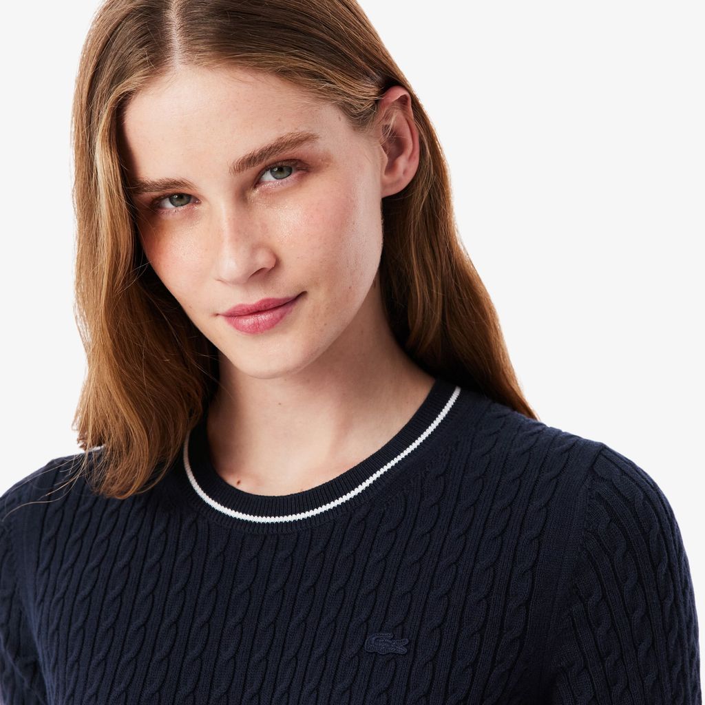 Áo Len Lacoste Nữ Dáng Suông Dệt Sợi Cáp Tay Ngắn