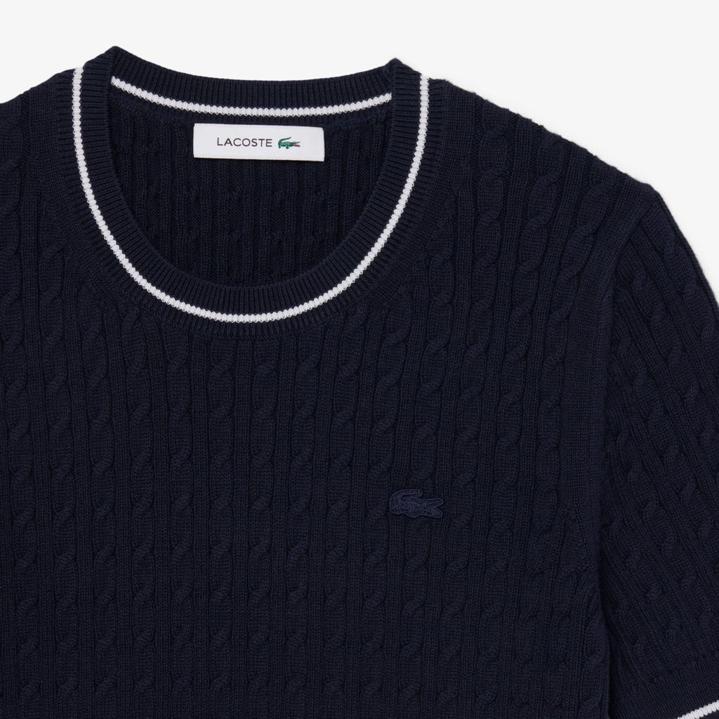Áo Len Lacoste Nữ Dáng Suông Dệt Sợi Cáp Tay Ngắn