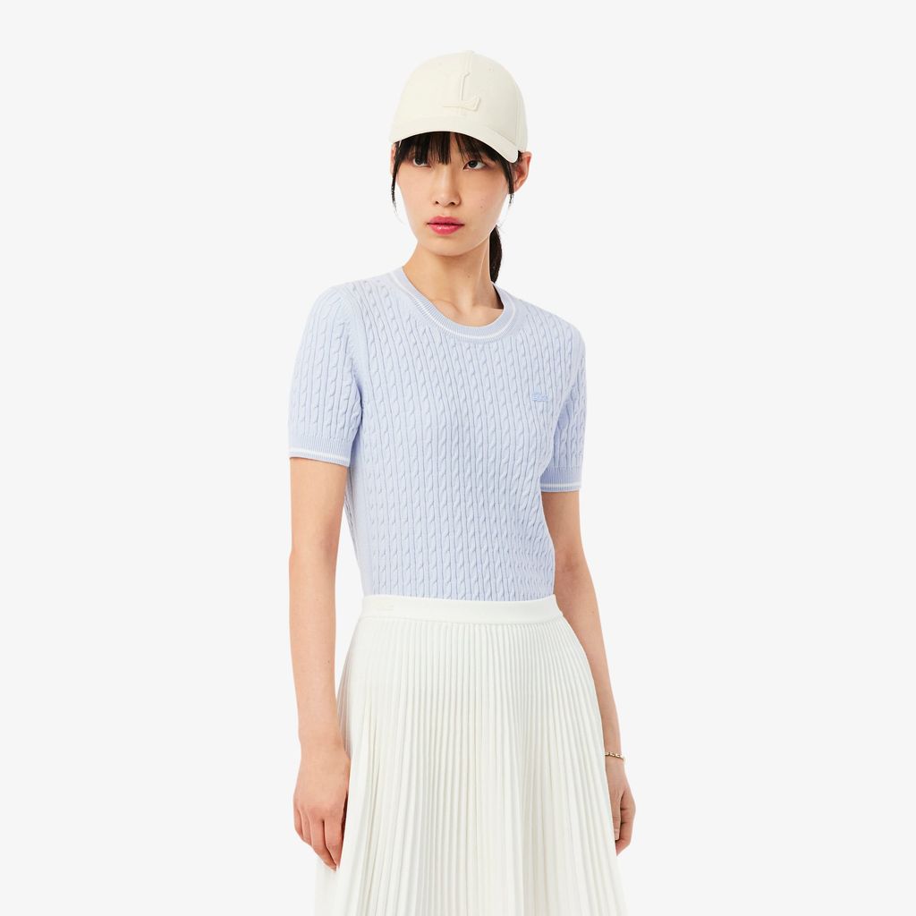 Áo Len Lacoste Nữ Dáng Suông Dệt Sợi Cáp Tay Ngắn