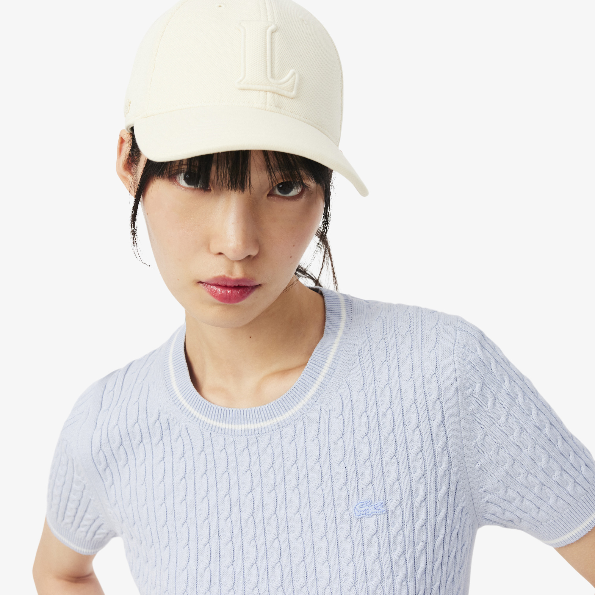 Áo Len Lacoste Nữ Dáng Suông Dệt Sợi Cáp Tay Ngắn