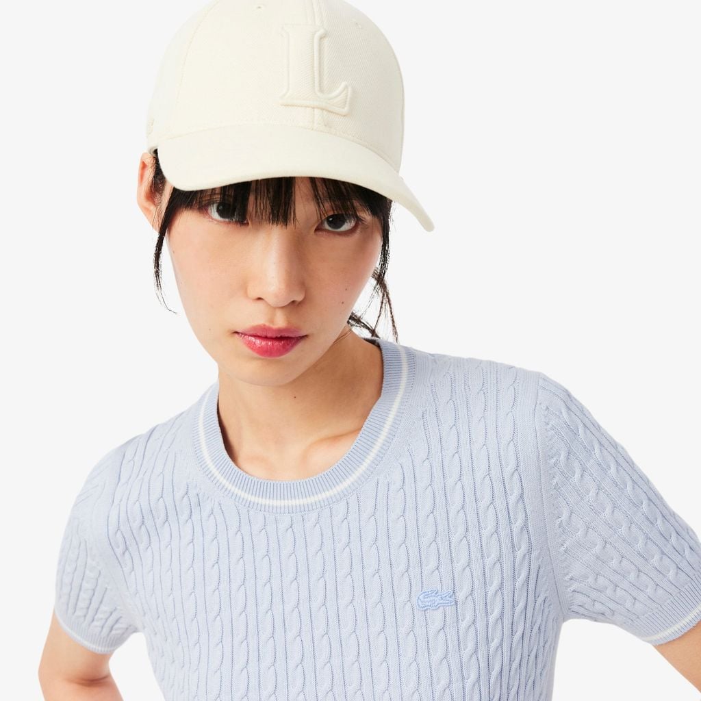 Áo Len Lacoste Nữ Dáng Suông Dệt Sợi Cáp Tay Ngắn