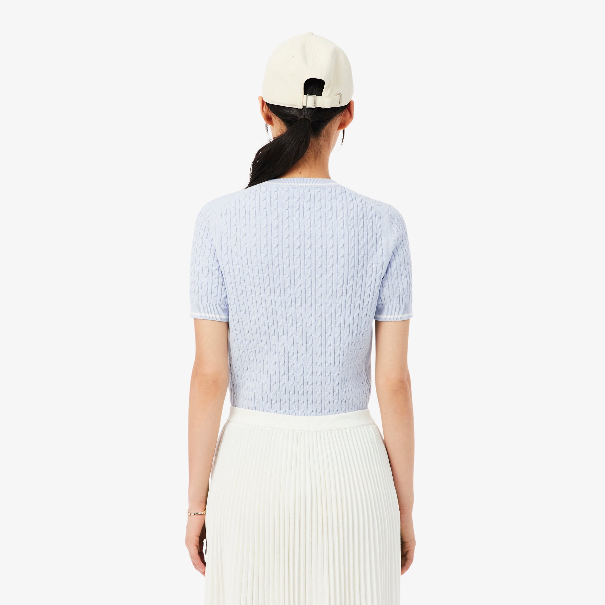 Áo Len Lacoste Nữ Dáng Suông Dệt Sợi Cáp Tay Ngắn