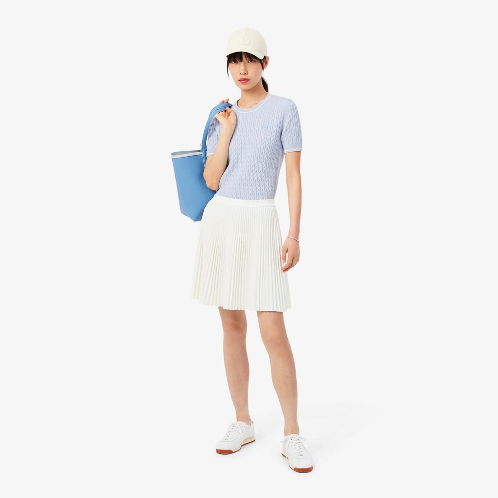 Áo Len Lacoste Nữ Dáng Suông Dệt Sợi Cáp Tay Ngắn