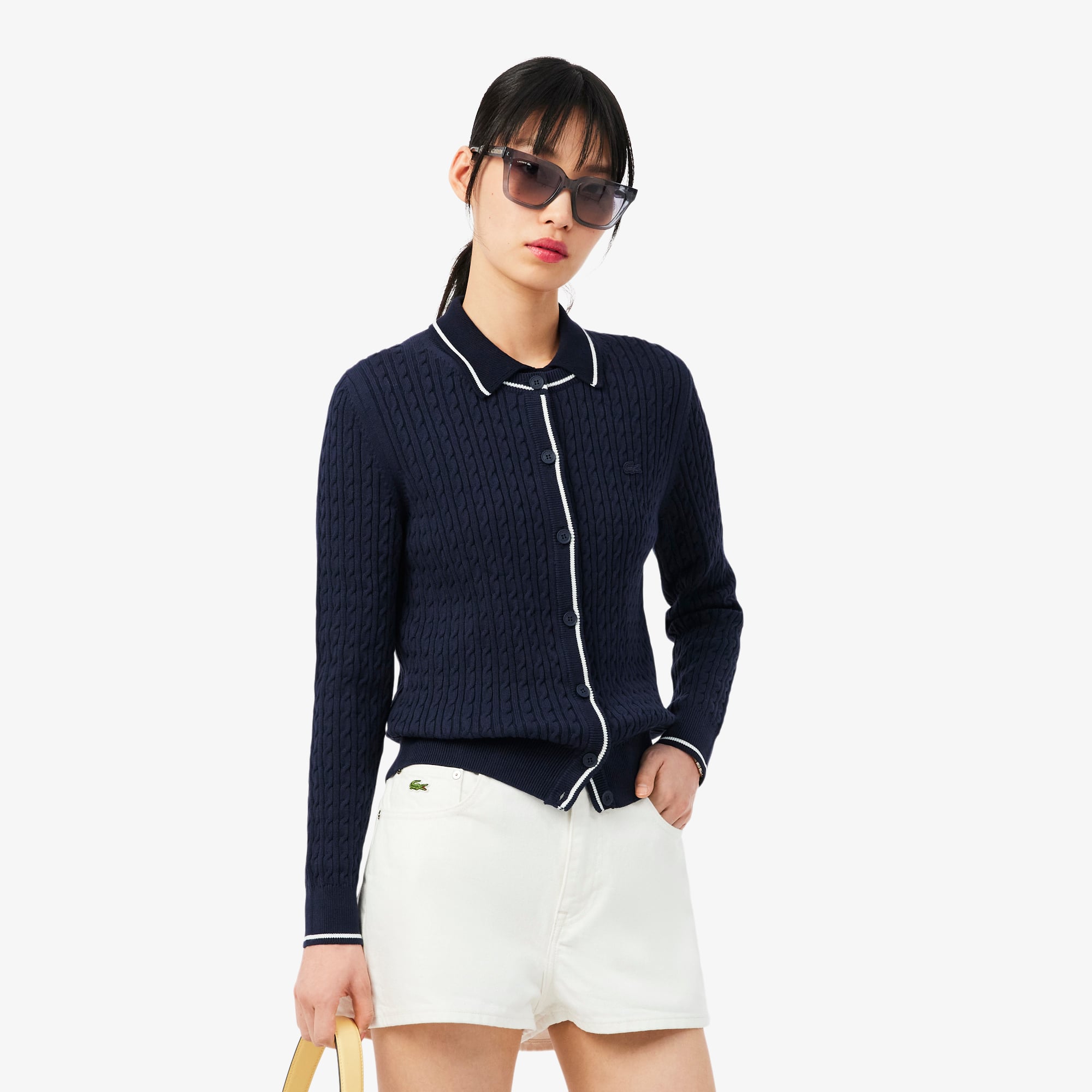 Áo Cardigan Lacoste Nữ Dáng Suông Đan Cáp Kẻ Sọc