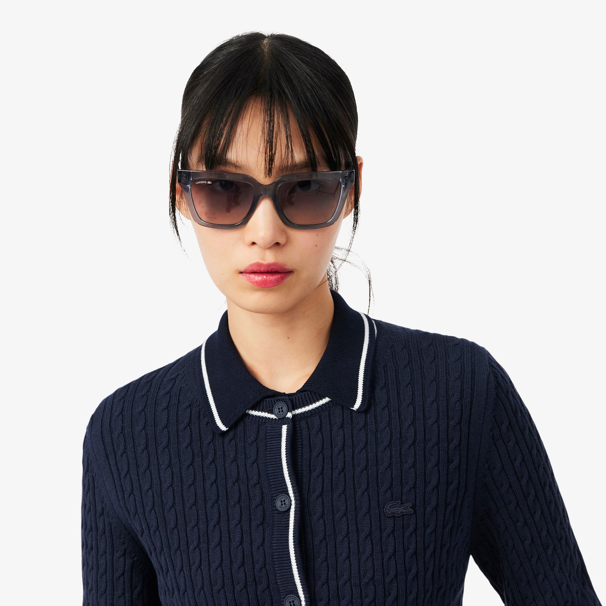 Áo Cardigan Lacoste Nữ Dáng Suông Đan Cáp Kẻ Sọc