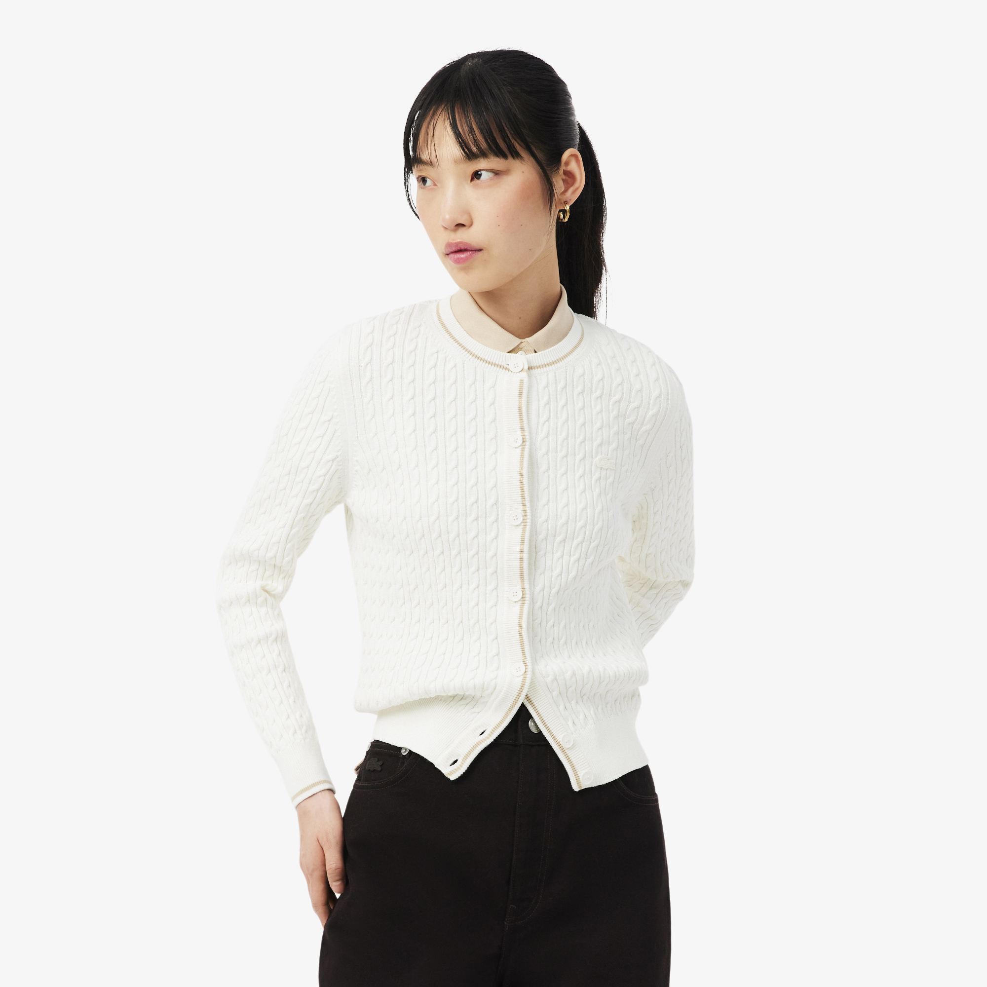 Áo Cardigan Lacoste Nữ Dáng Suông Đan Cáp Kẻ Sọc