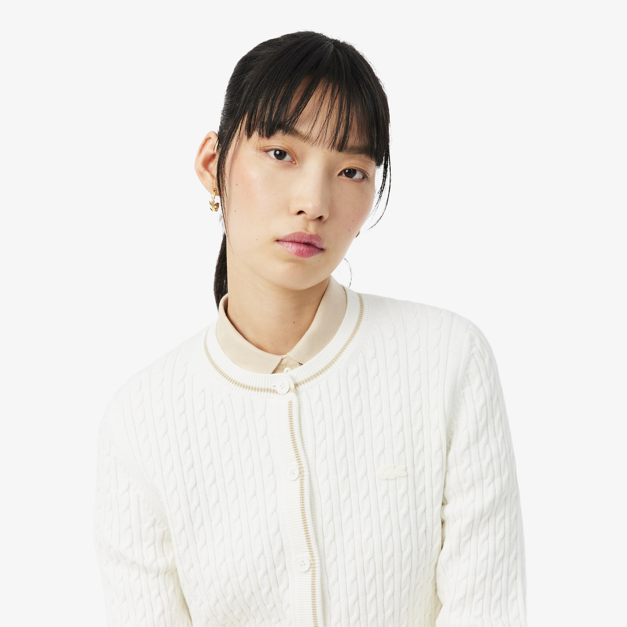 Áo Cardigan Lacoste Nữ Dáng Suông Đan Cáp Kẻ Sọc