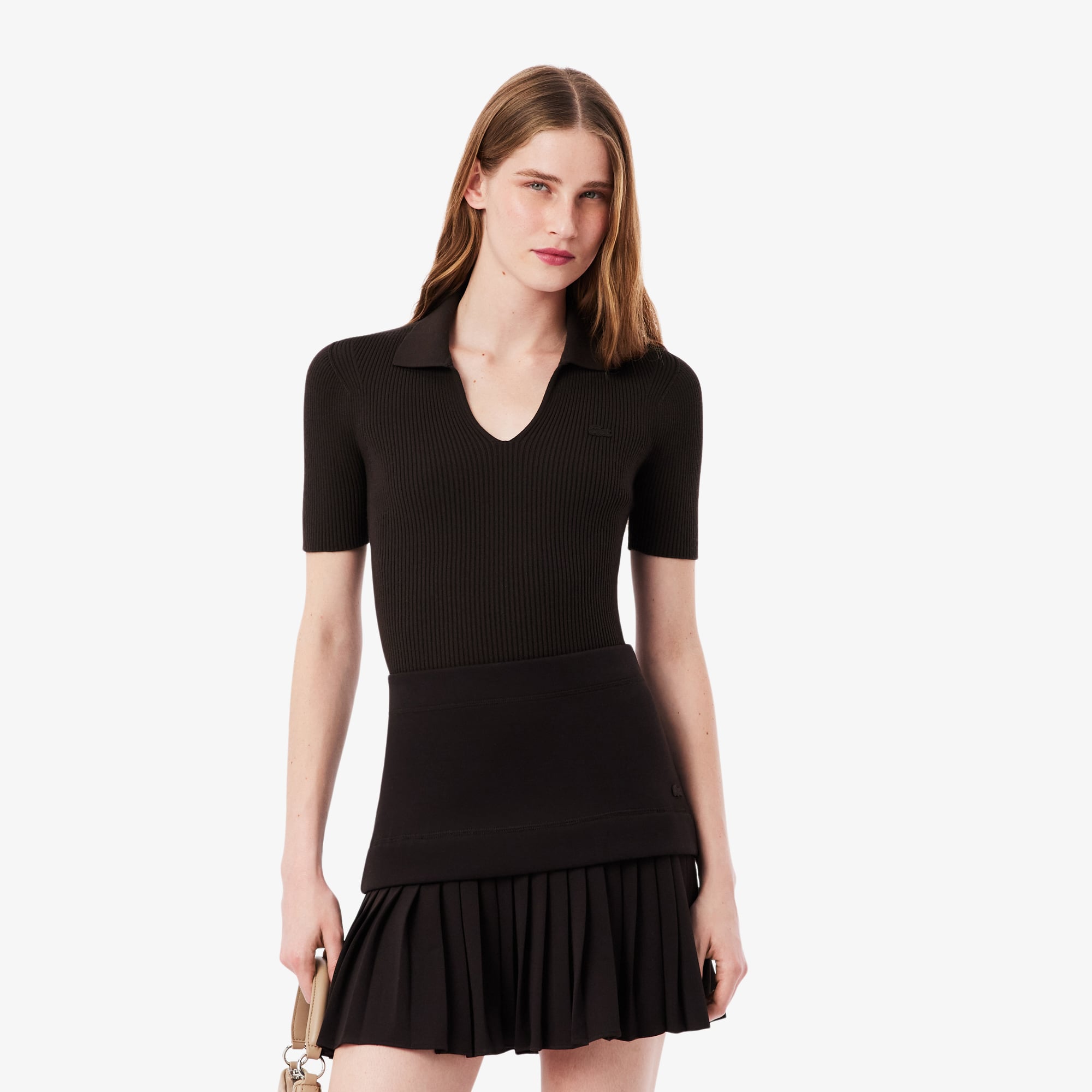 Áo Polo Len Lacoste Nữ Dáng Oversize Dệt 3D Tay Ngắn