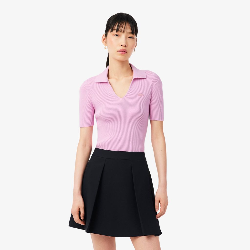 Áo Polo Len Lacoste Nữ Dáng Oversize Dệt 3D Tay Ngắn