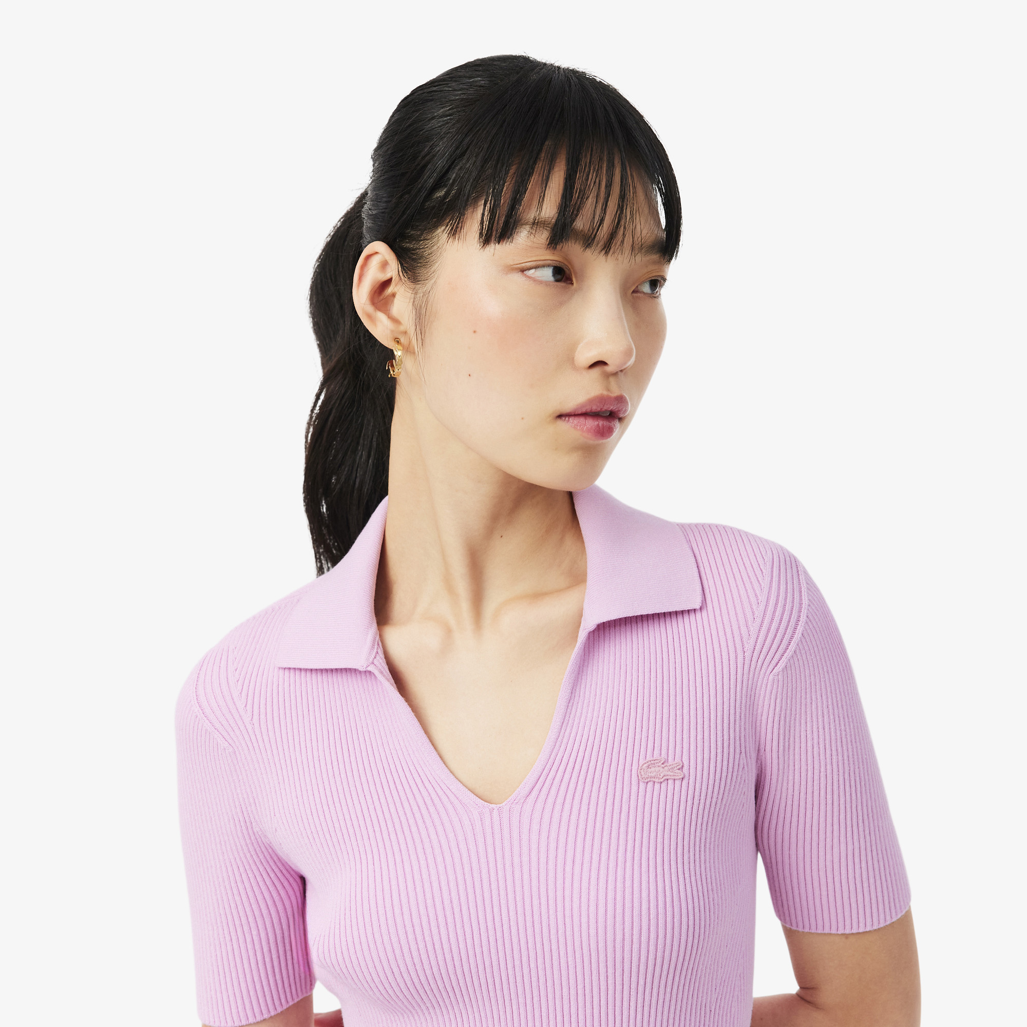 Áo Polo Len Lacoste Nữ Dáng Oversize Dệt 3D Tay Ngắn