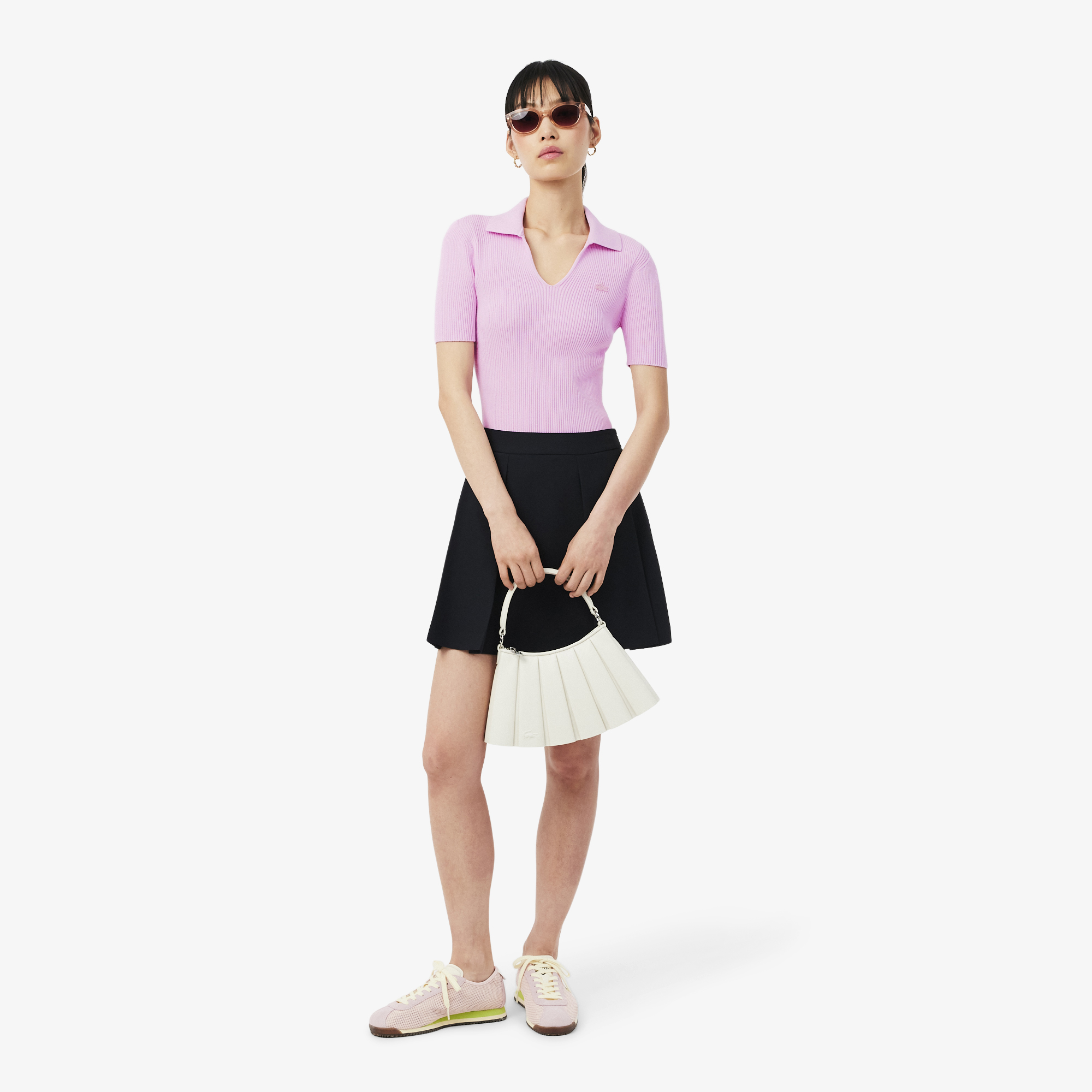 Áo Polo Len Lacoste Nữ Dáng Oversize Dệt 3D Tay Ngắn