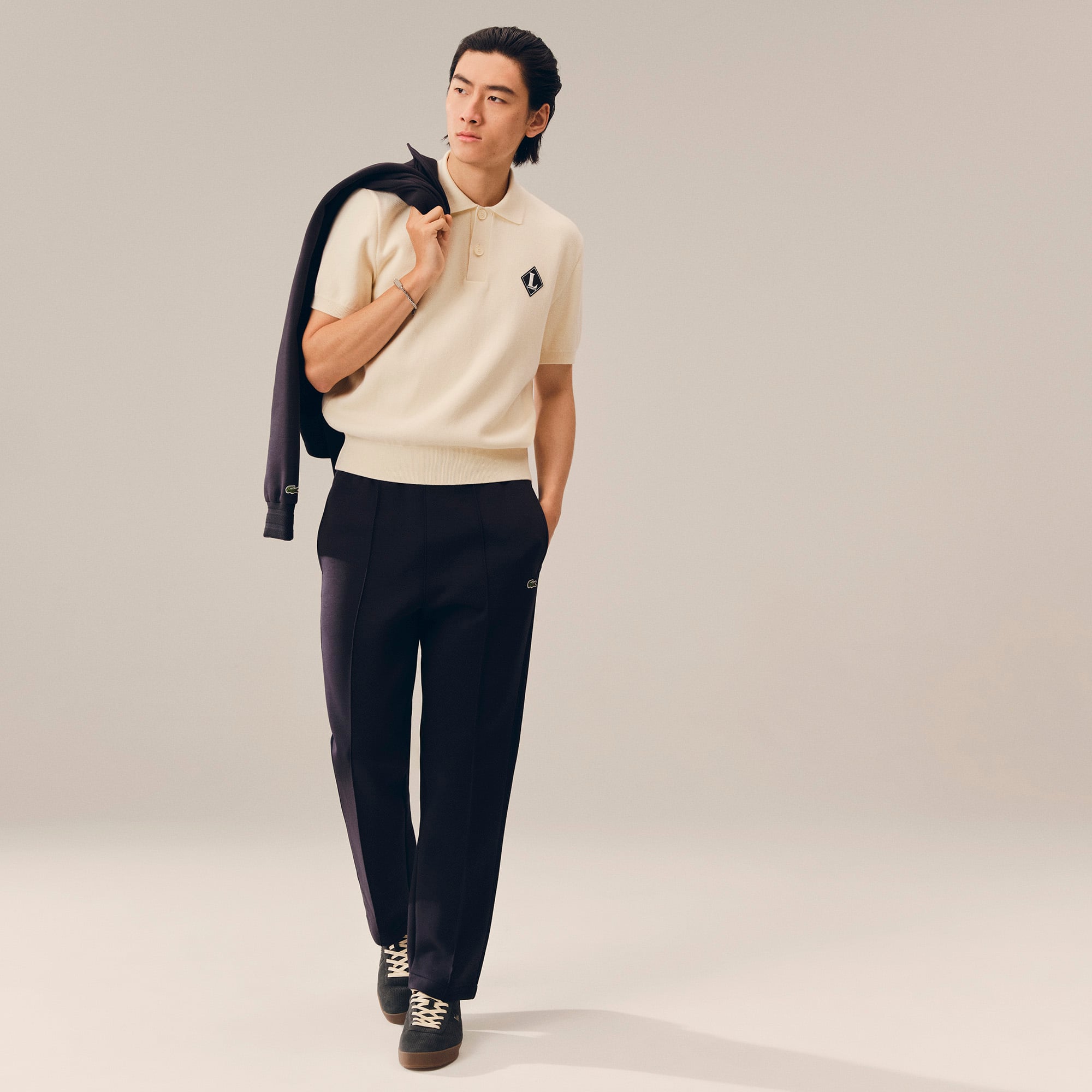 Áo Len Lacoste Nam Dáng Cổ Điển Sản Xuất Tại Pháp Cổ Polo Điểm Nhấn Huy Hiệu