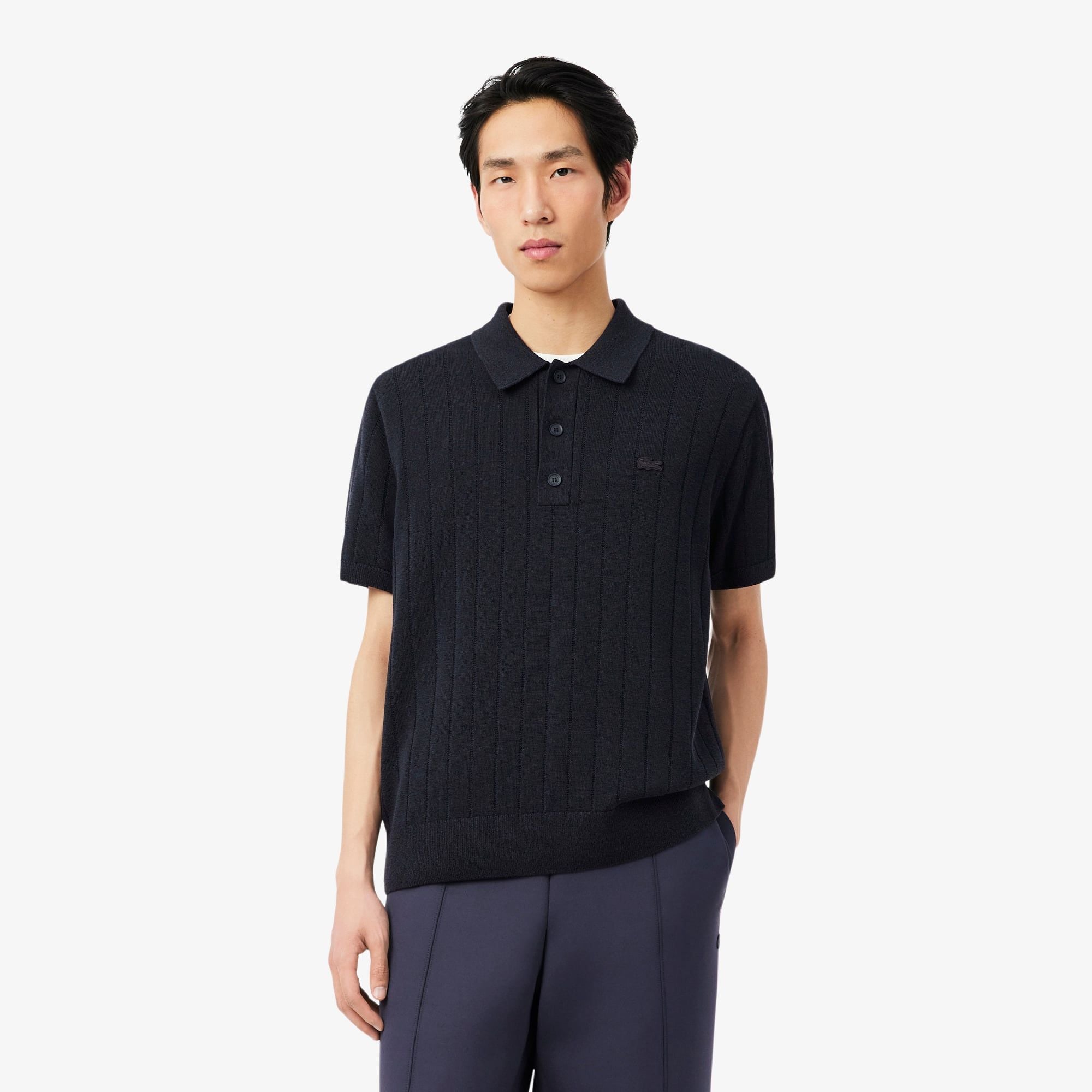 Áo Len Lacoste Nam Dáng Cổ Điển Dệt Gân Mềm Mại Cổ Polo