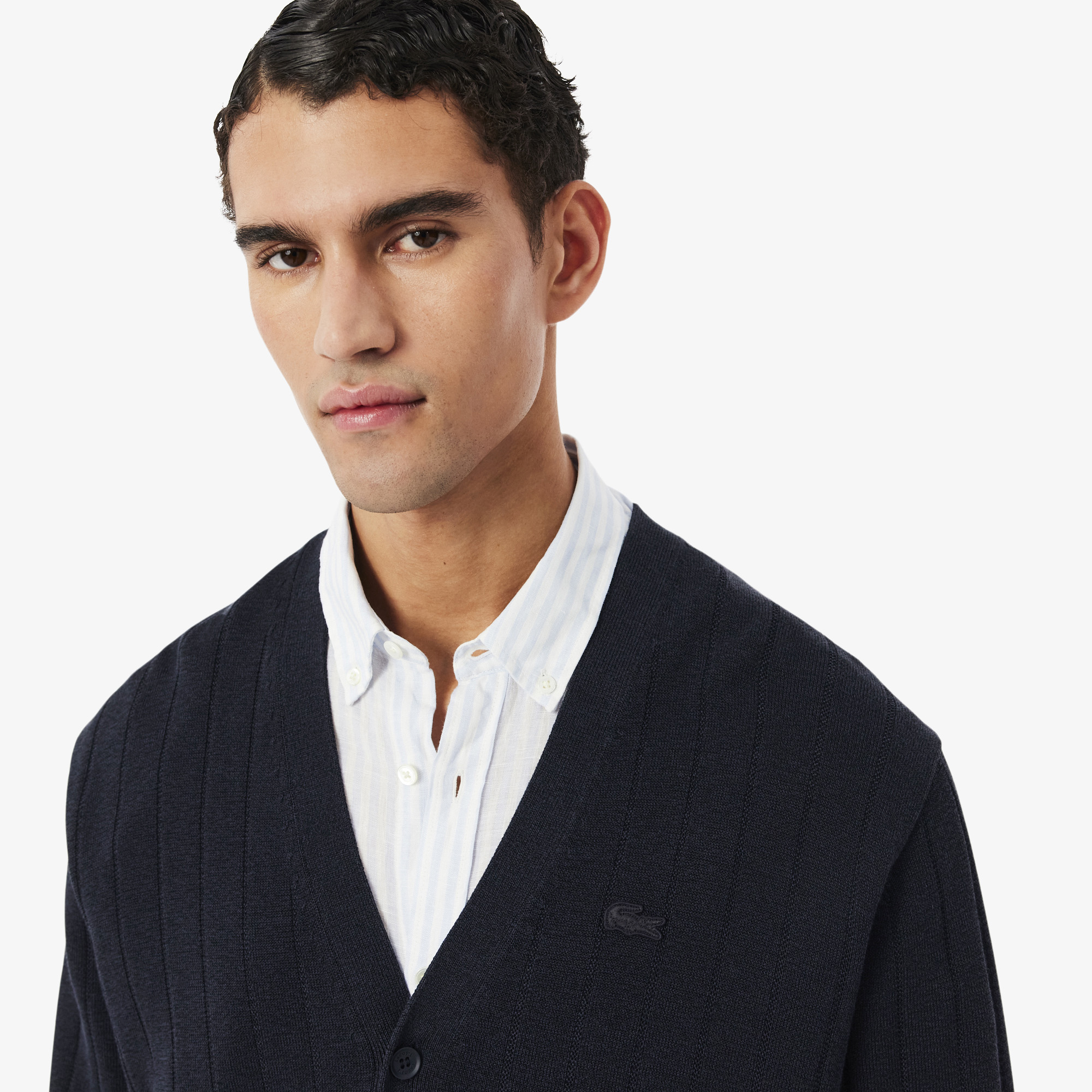 Áo Cardigan Lacoste Nam Dáng Cổ Điển Chất Liệu Pha Cotton Dệt Gân