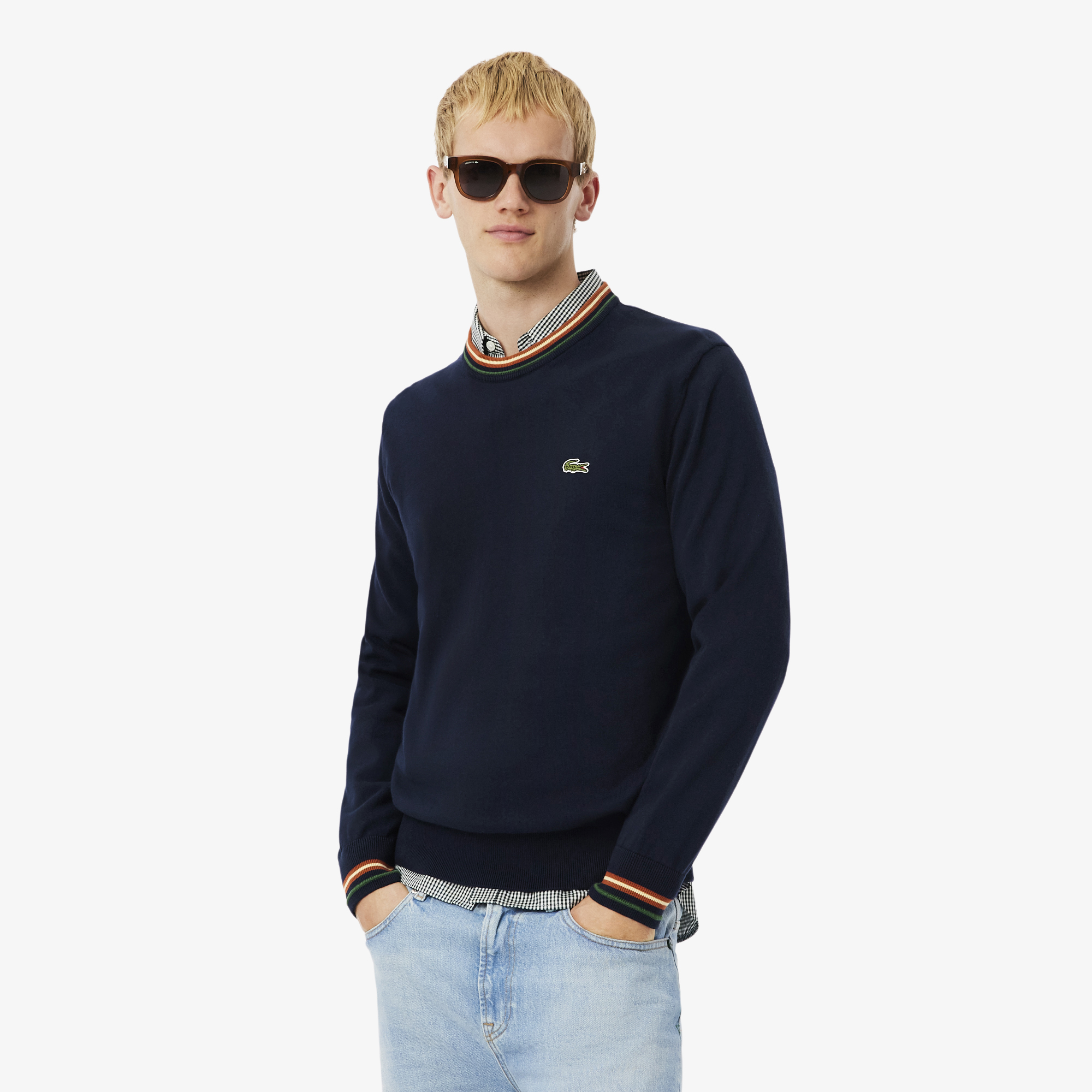 Áo Len Lacoste Nam Dáng Cổ Điển Sọc Chất Liệu Cotton Jersey