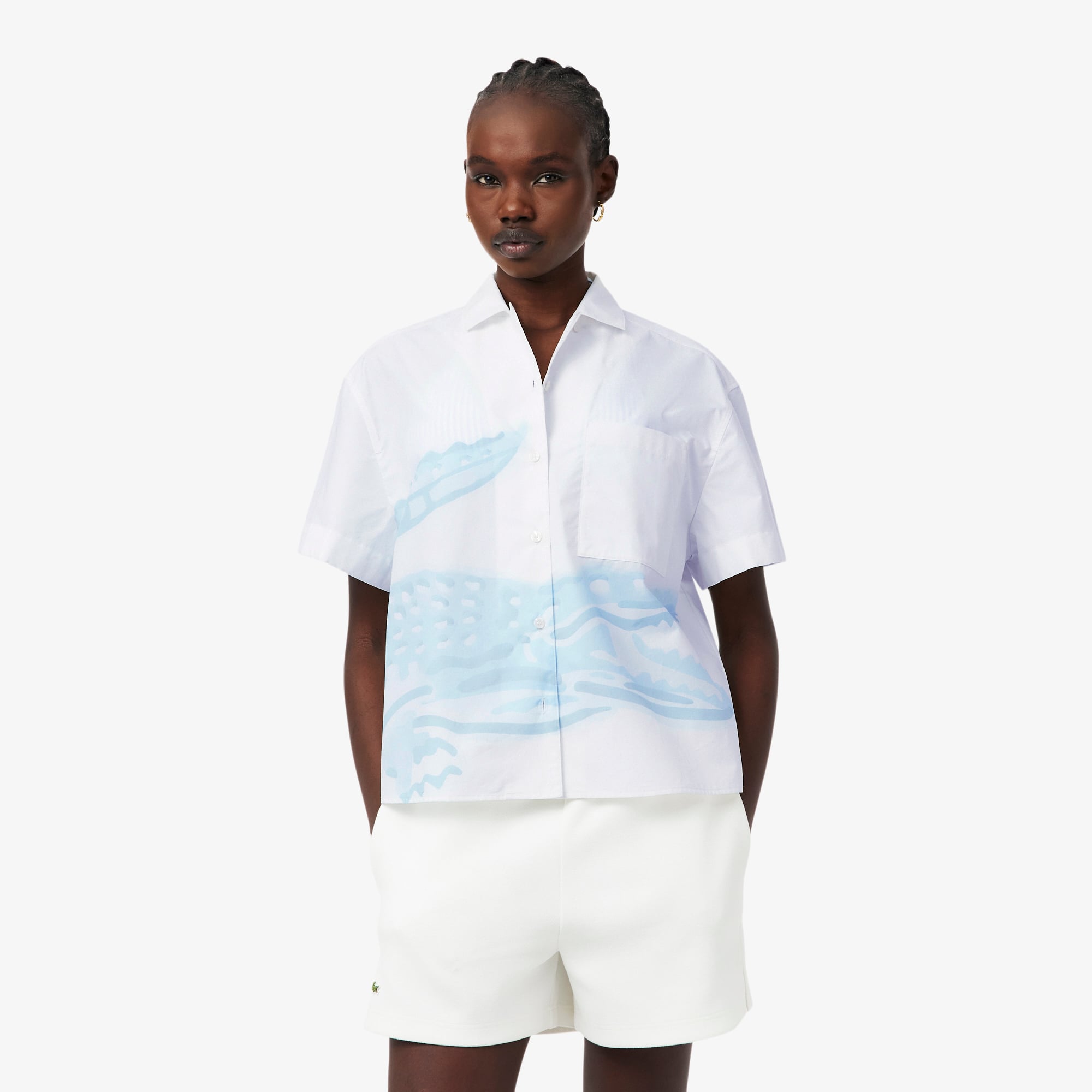 Áo Sơ Mi Lacoste Nữ Dáng Oversize Tay Ngắn In Họa Tiết
