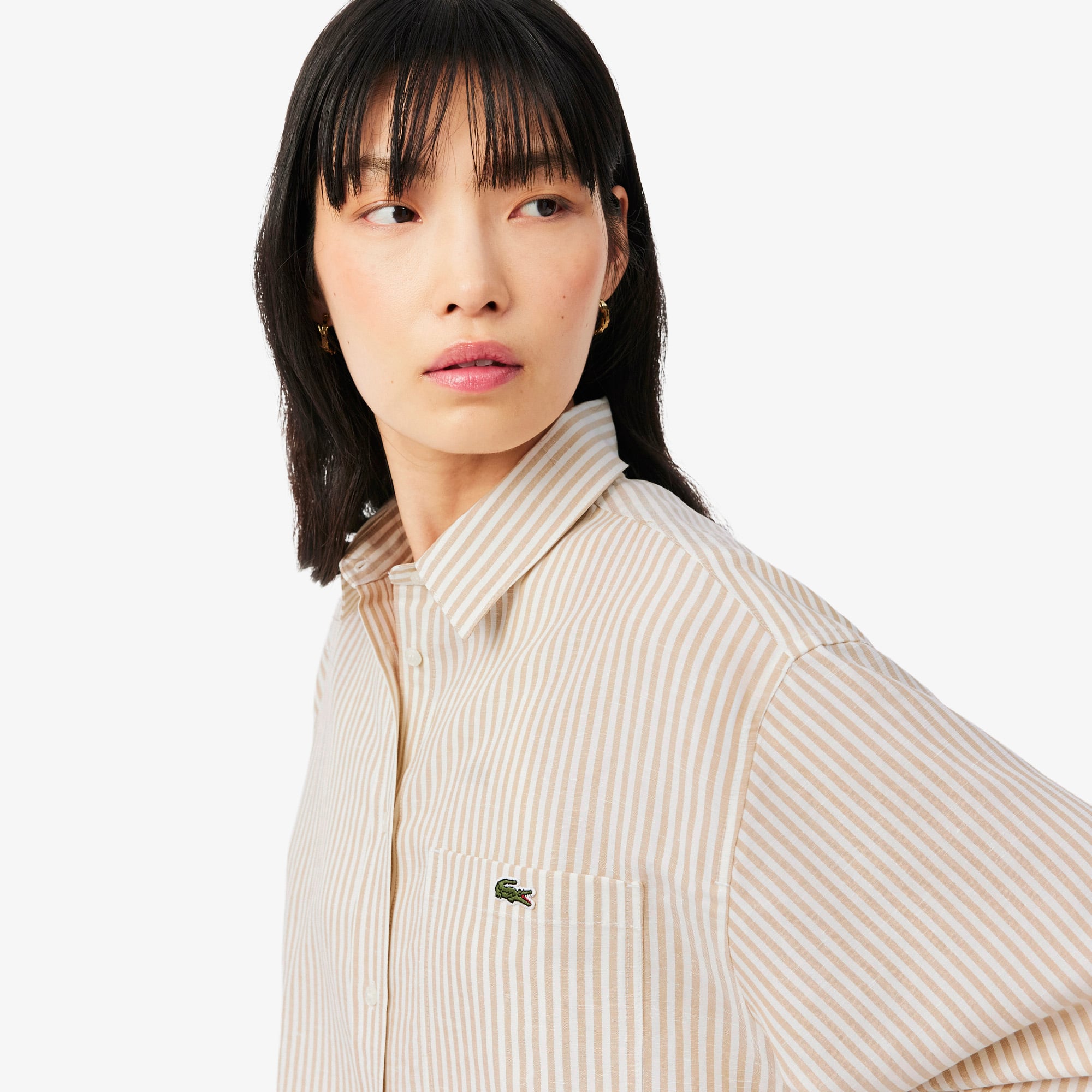 Áo Sơ Mi Lacoste Nữ Dáng Oversize Chất Liệu Pha Linen