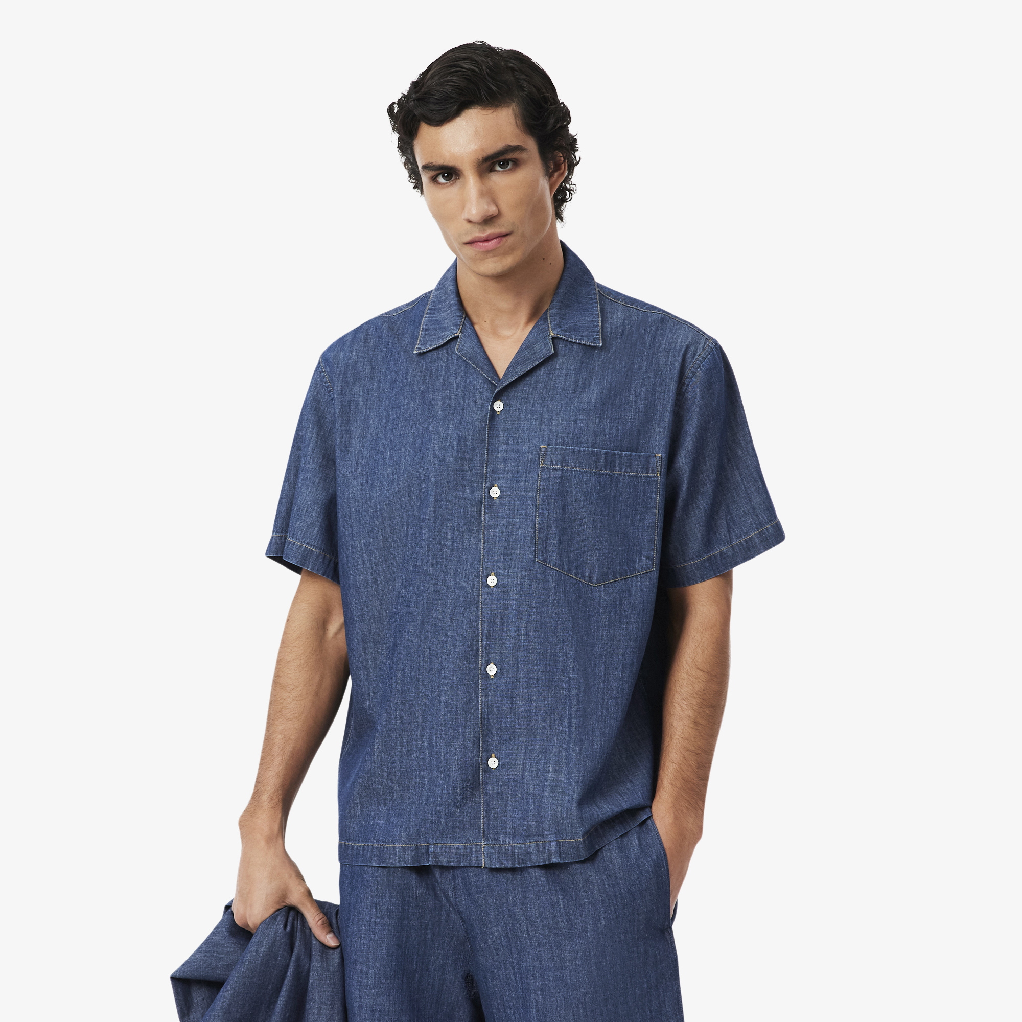 Áo Sơ Mi Lacoste Nam Dáng Rộng Chất Liệu Denim Cổ Mở