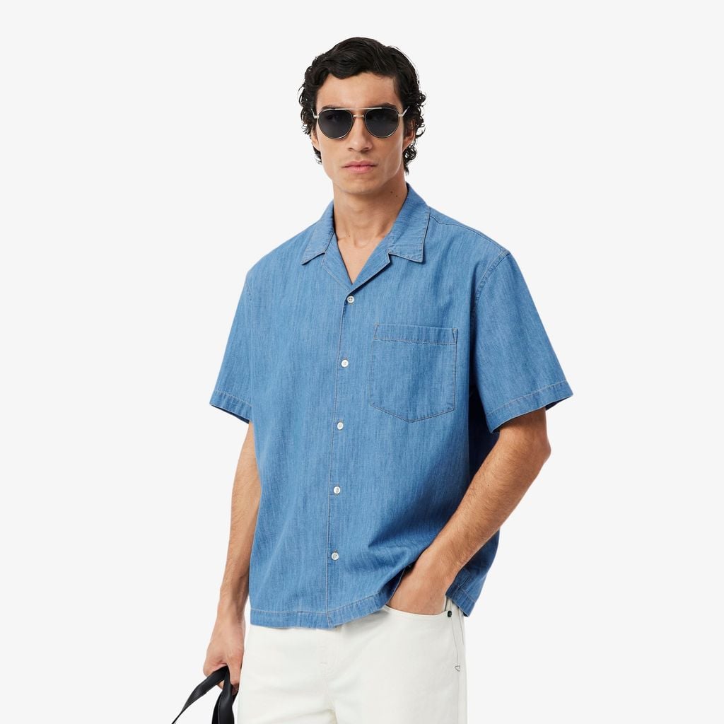 Áo Sơ Mi Lacoste Nam Dáng Rộng Chất Liệu Denim Cổ Mở