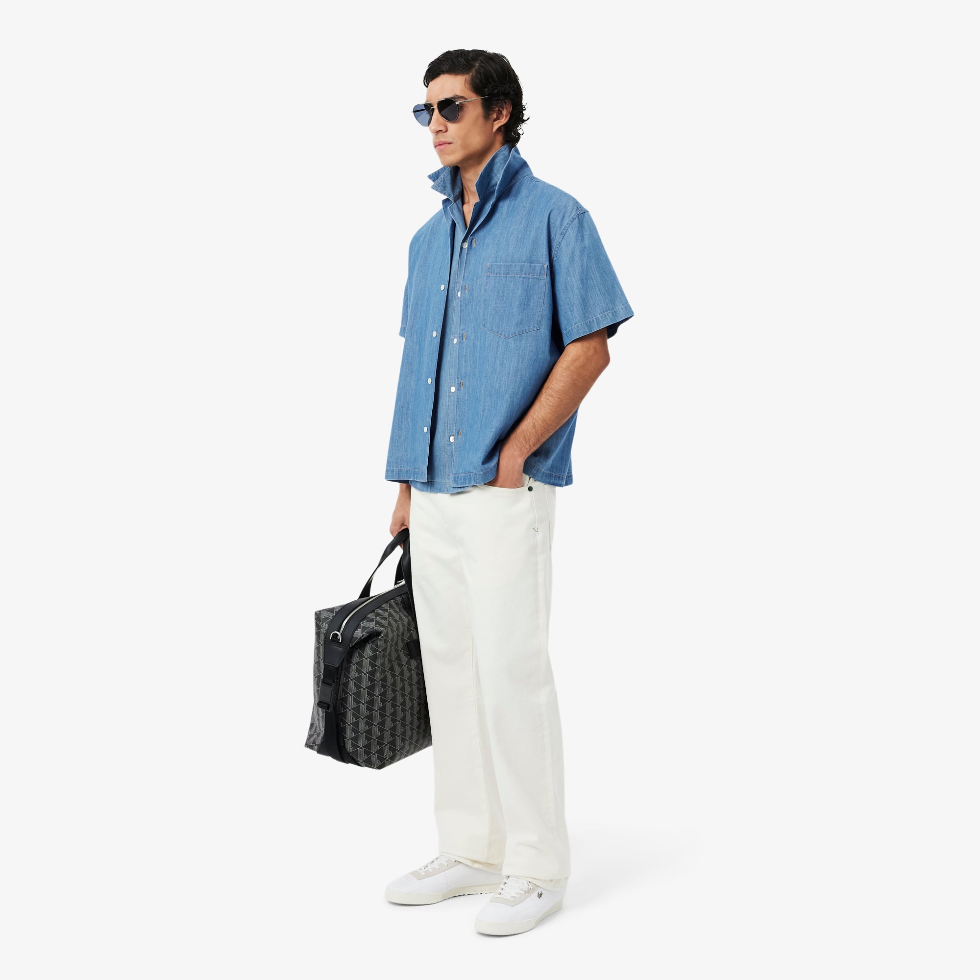 Áo Sơ Mi Lacoste Nam Dáng Rộng Chất Liệu Denim Cổ Mở