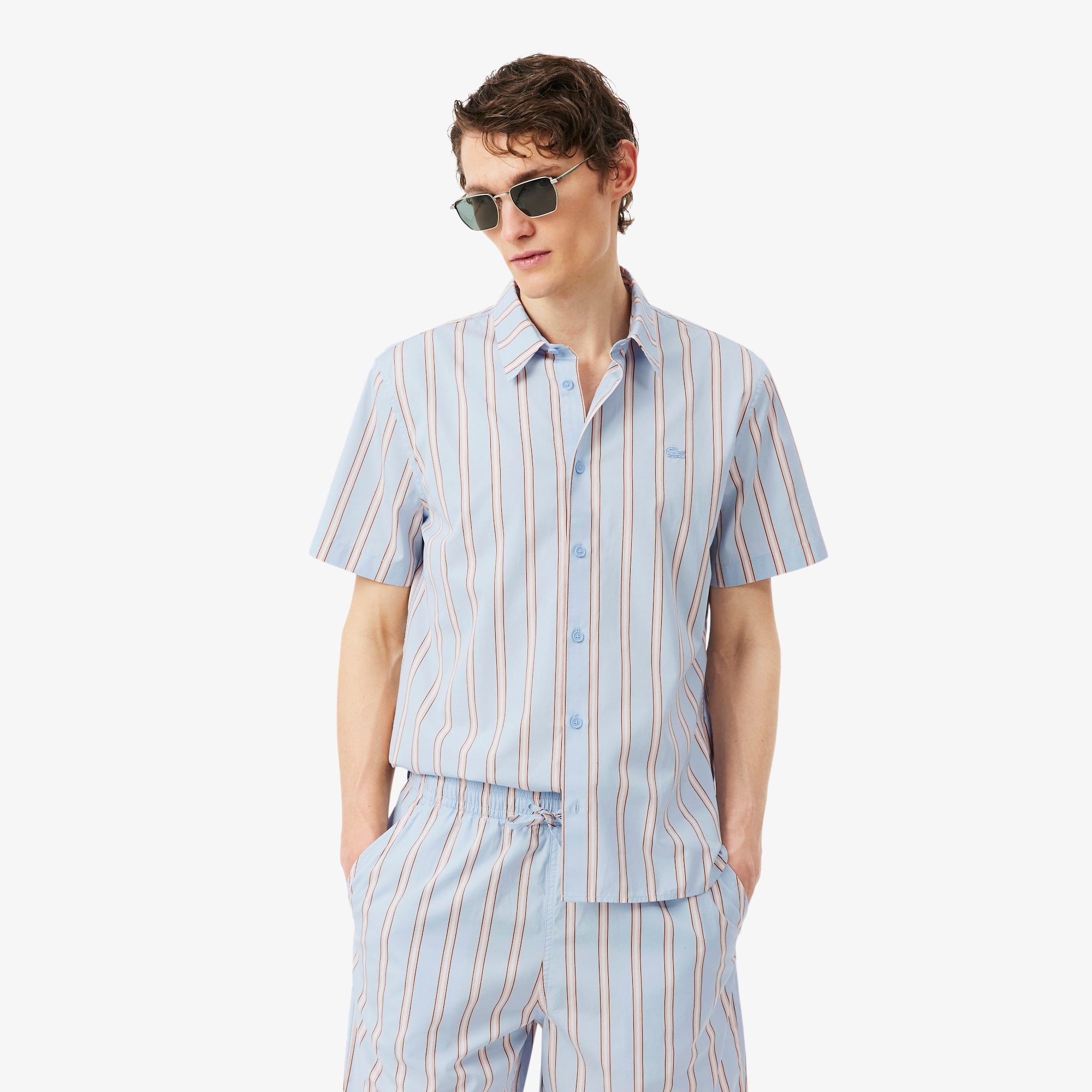 Áo Sơ Mi Lacoste Nam Dáng Suông Chất Liệu Poplin Kẻ Sọc