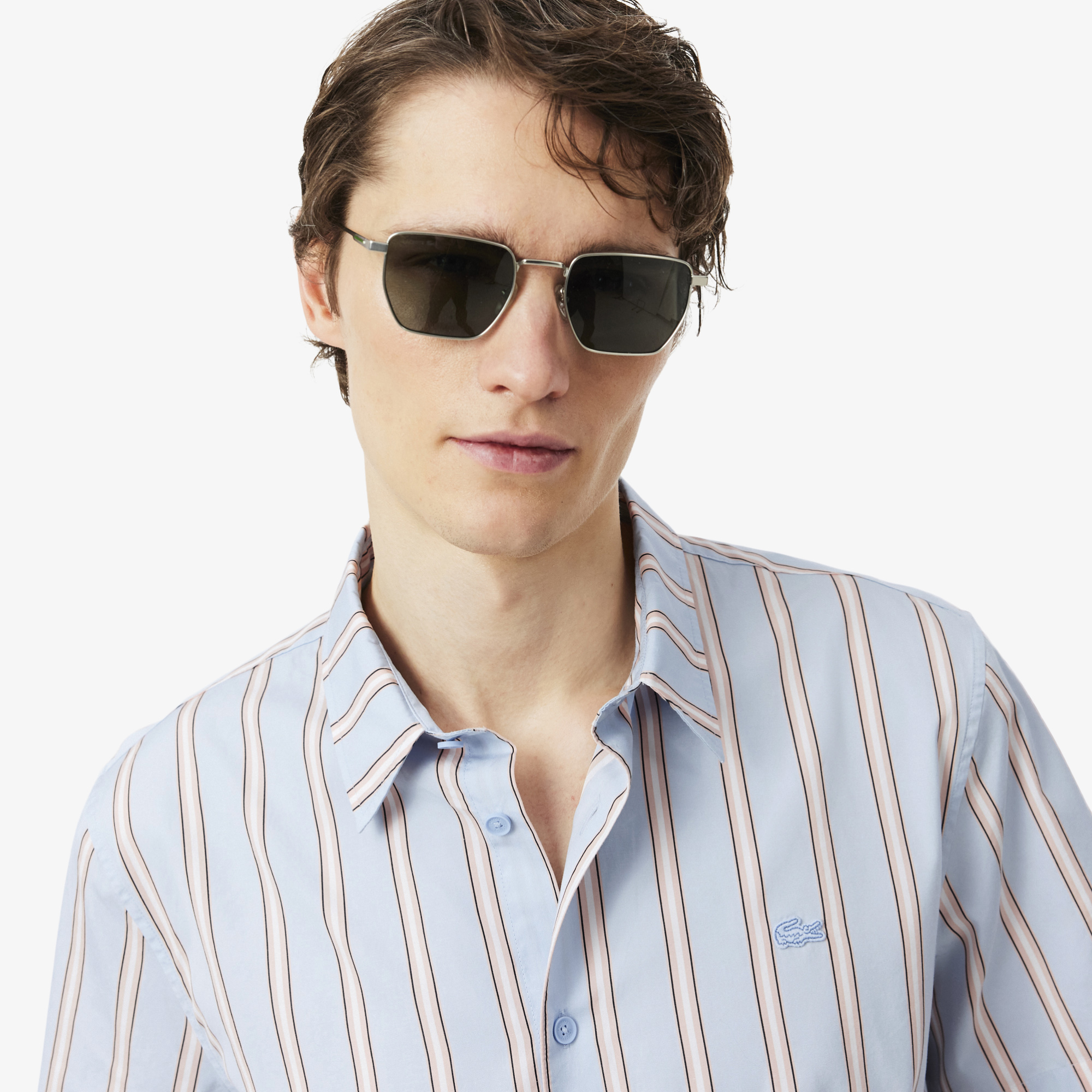 Áo Sơ Mi Lacoste Nam Dáng Suông Chất Liệu Poplin Kẻ Sọc