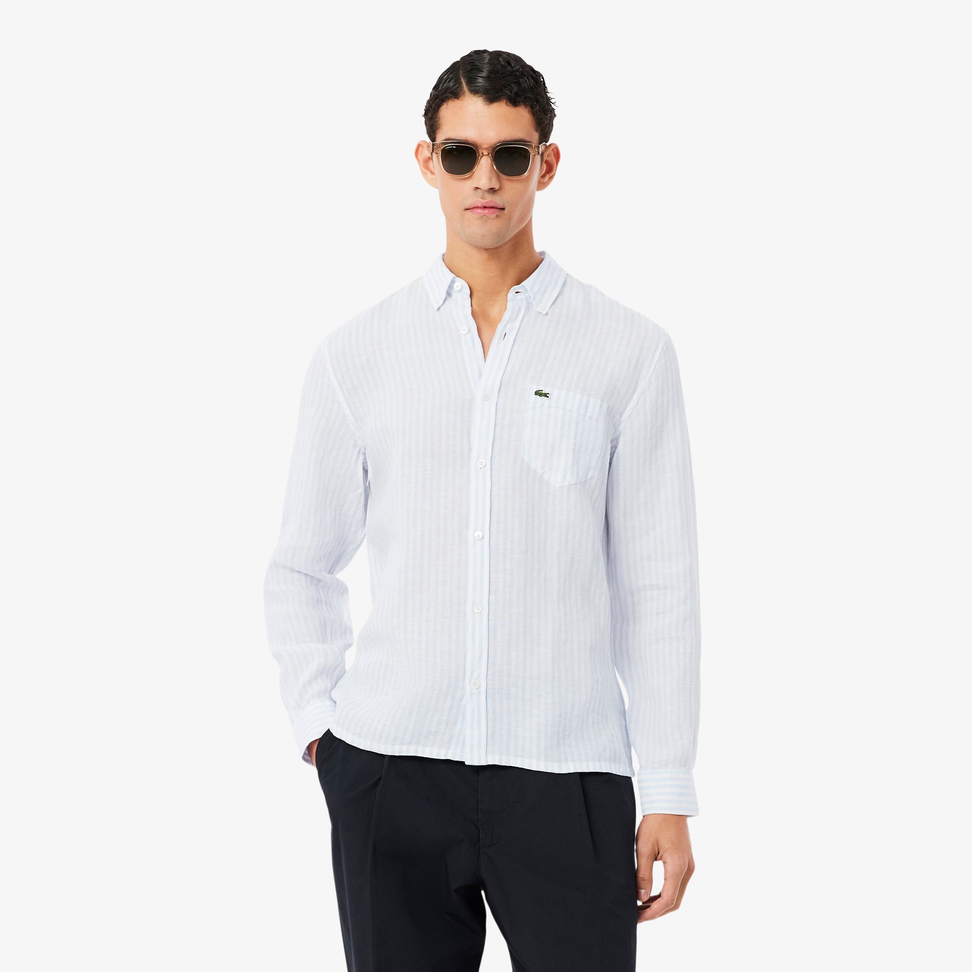 Áo Sơ Mi Lacoste Nam Dáng Suông Chất Liệu Linen Hoạ Tiết Sọc
