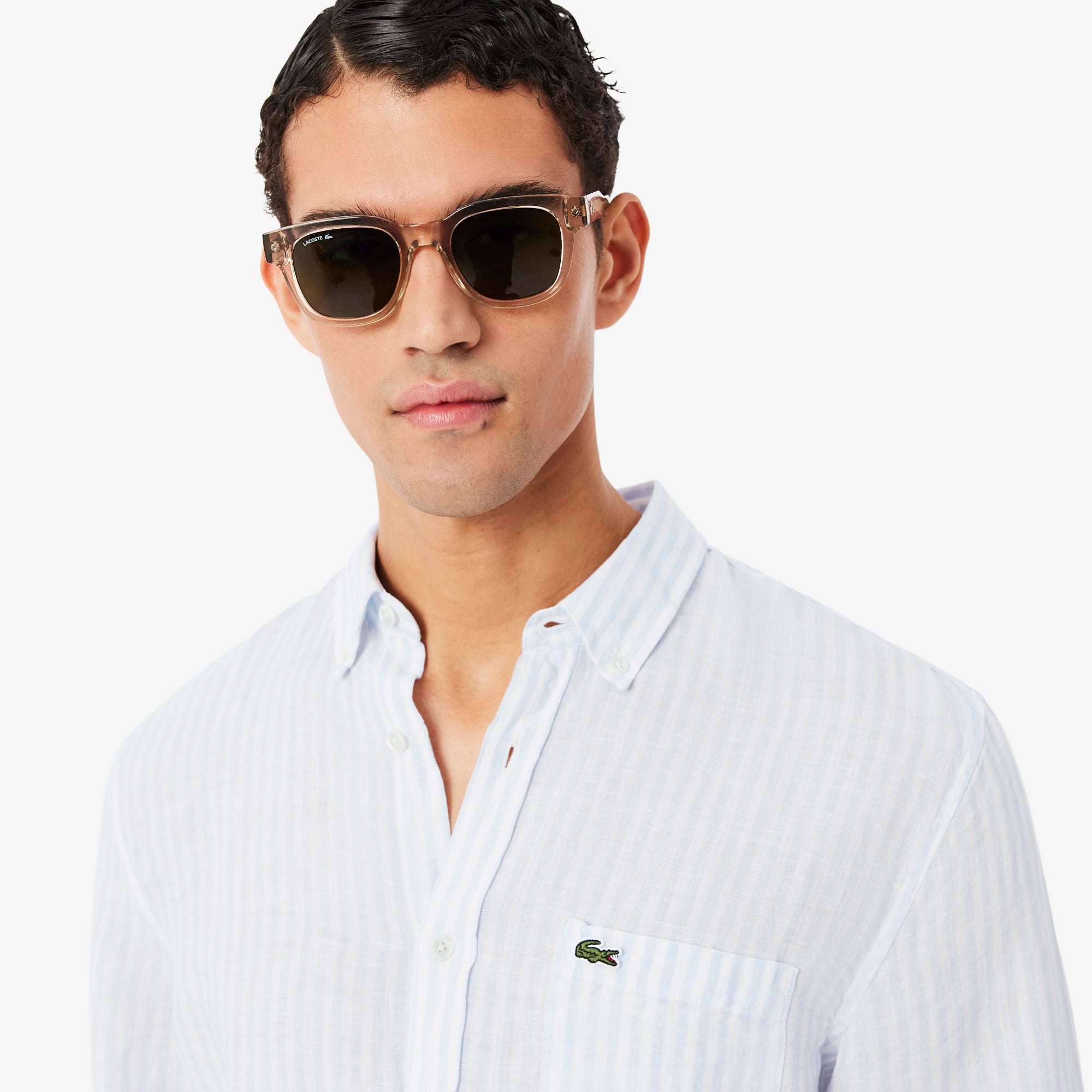 Áo Sơ Mi Lacoste Nam Dáng Suông Chất Liệu Linen Hoạ Tiết Sọc
