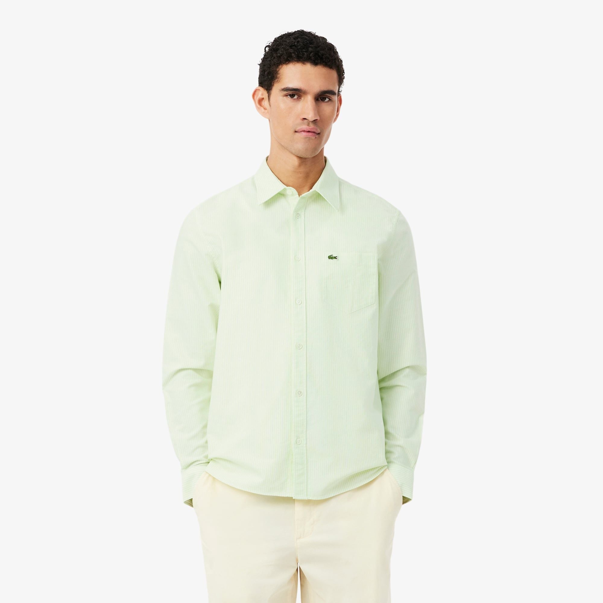 Áo Sơ Mi Lacoste Nam Dáng Suông Kẻ Sọc Có Túi Chất Liệu Oxford