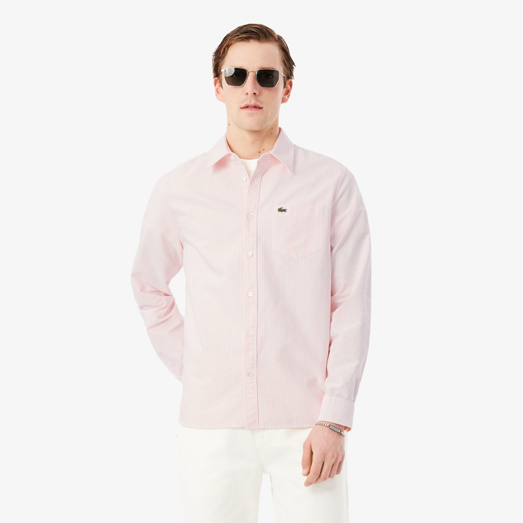Áo Sơ Mi Lacoste Nam Dáng Suông Kẻ Sọc Có Túi Chất Liệu Oxford