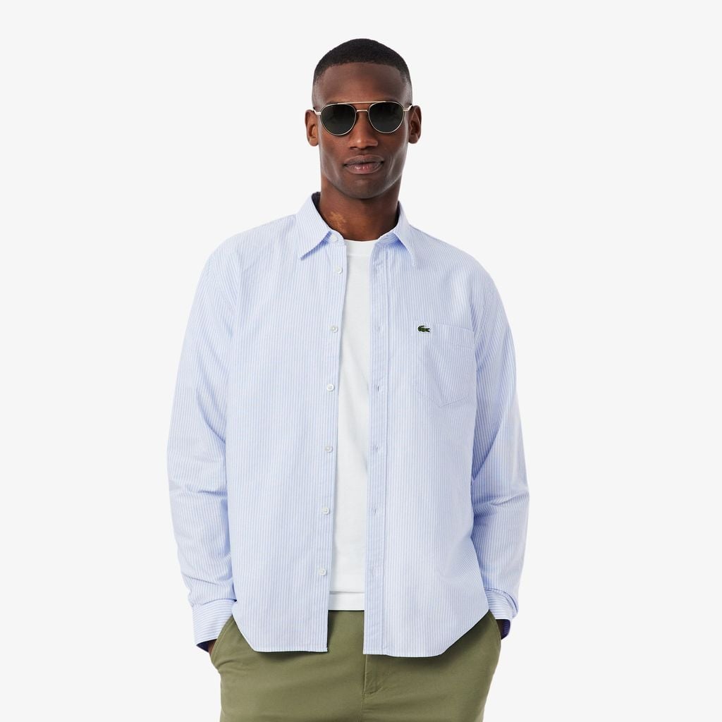 Áo Sơ Mi Lacoste Nam Dáng Suông Kẻ Sọc Có Túi Chất Liệu Oxford