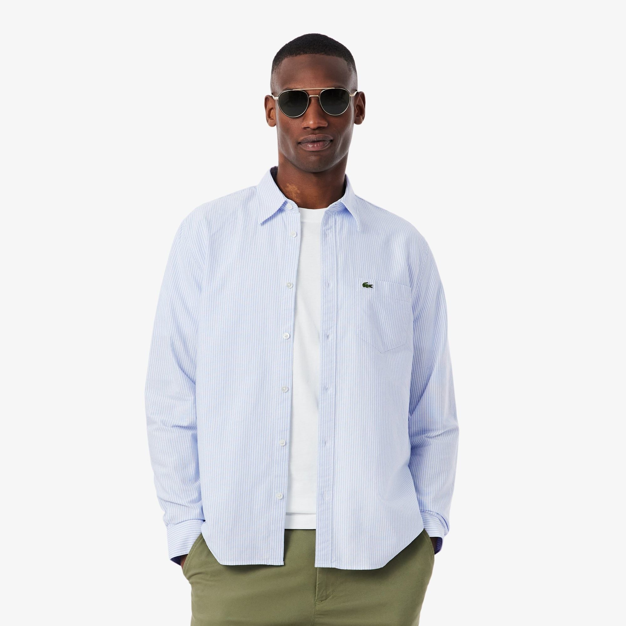 Áo Sơ Mi Lacoste Nam Dáng Suông Kẻ Sọc Có Túi Chất Liệu Oxford