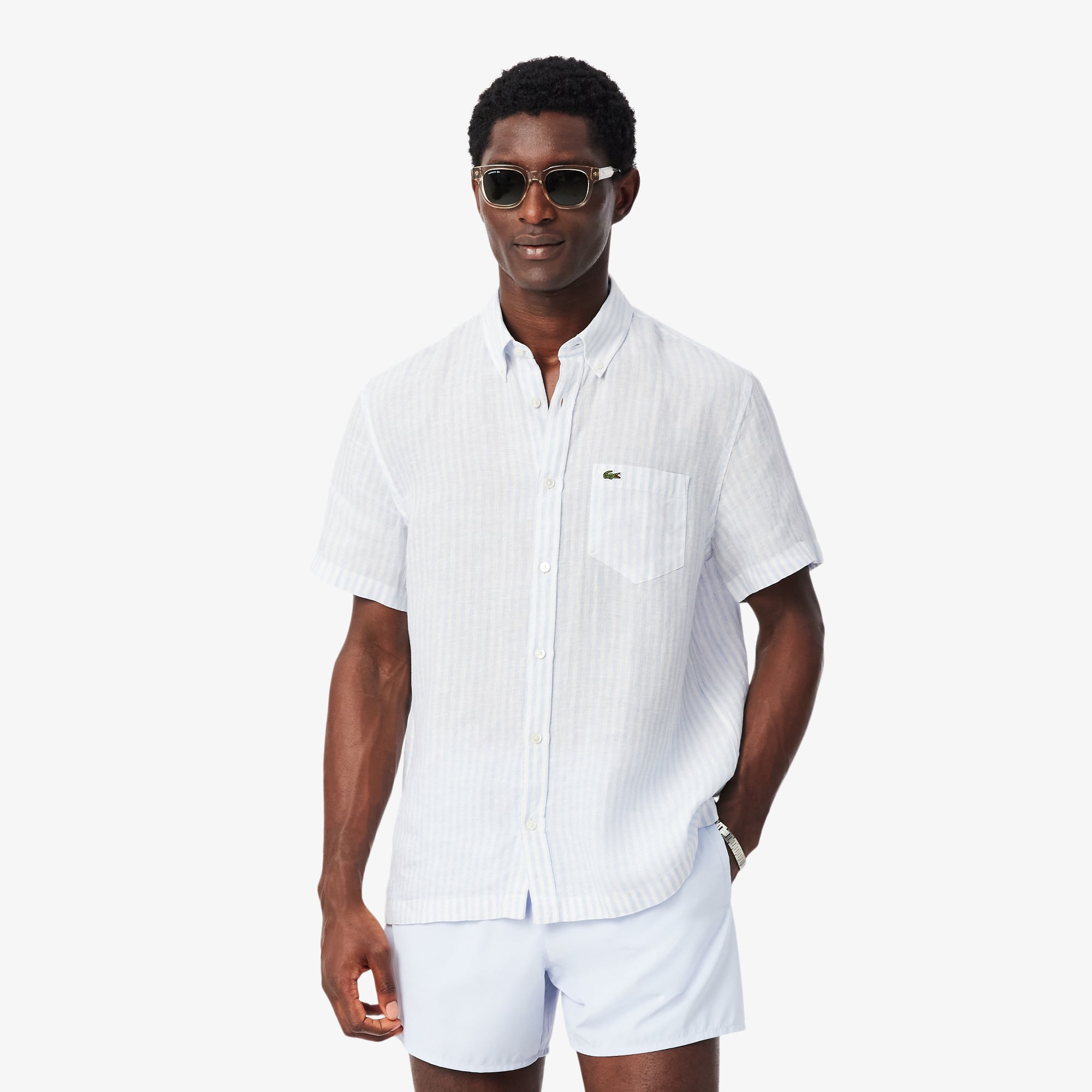 Áo Sơ Mi Lacoste Nam Dáng Suông Chất Liệu Linen Tay Ngắn