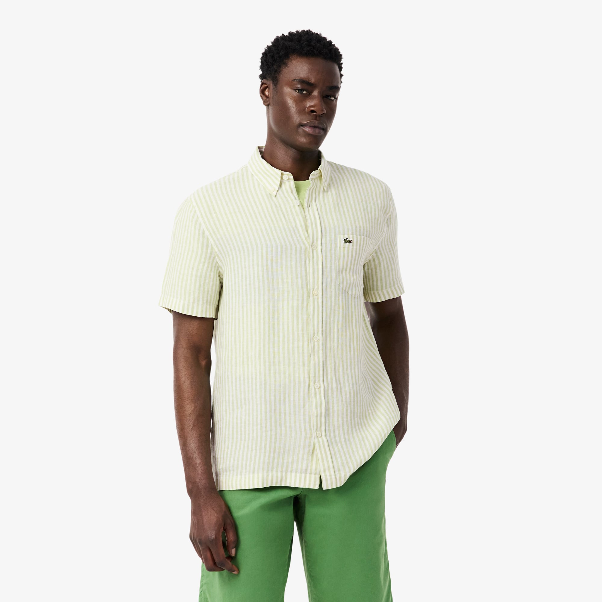 Áo Sơ Mi Lacoste Nam Dáng Suông Chất Liệu Linen Tay Ngắn