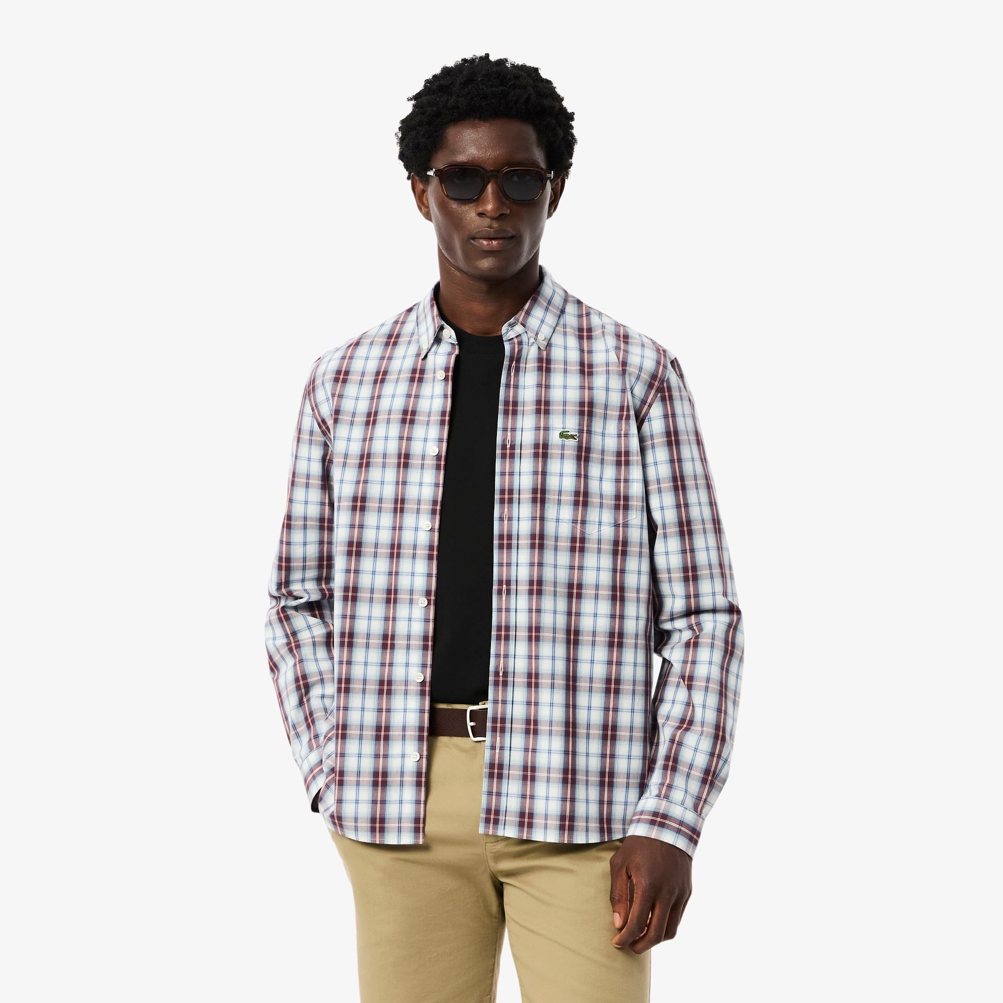 Áo Sơ Mi Lacoste Nam Dáng Suông Kẻ Caro Chất Liệu Poplin