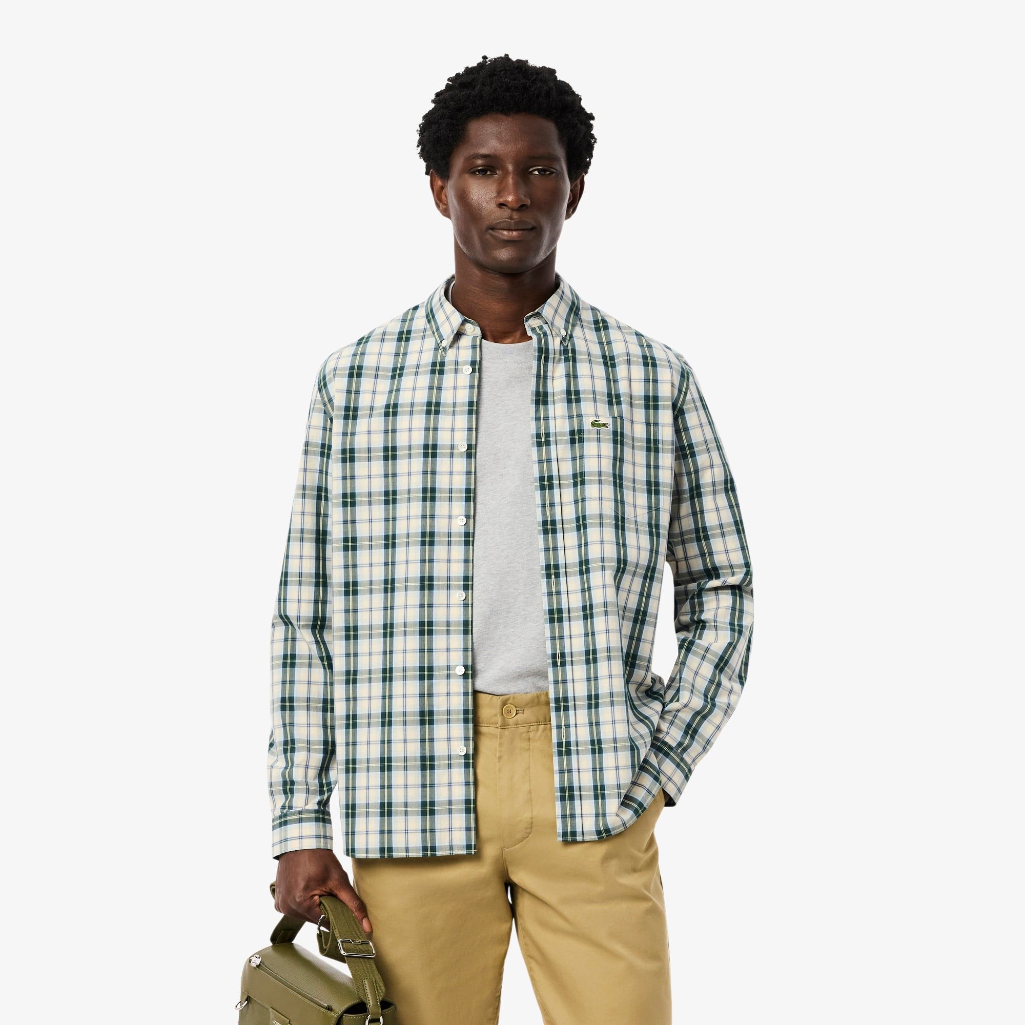 Áo Sơ Mi Lacoste Nam Dáng Suông Kẻ Caro Chất Liệu Poplin