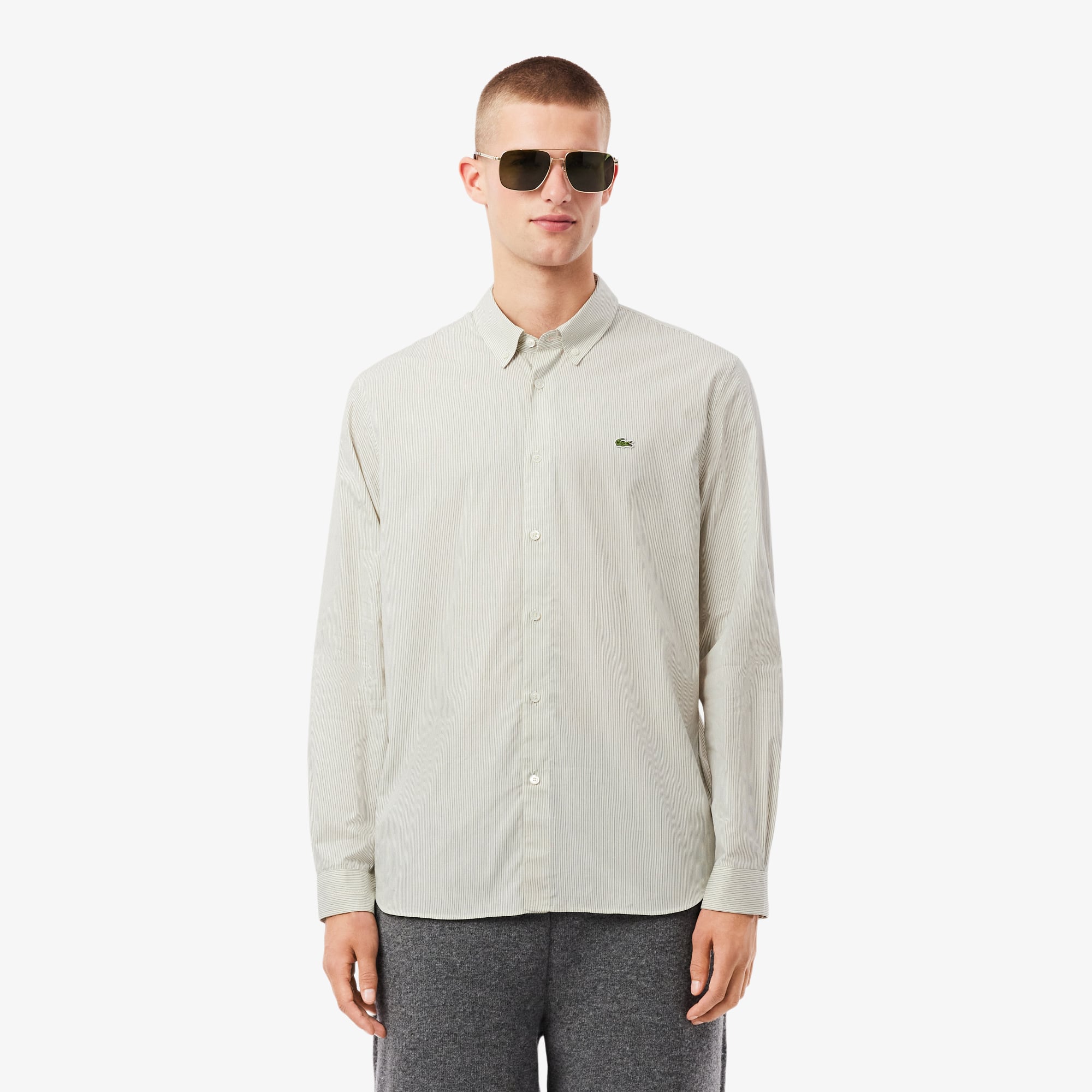 Áo Sơ Mi Lacoste Nam Dáng Suông Sọc Chất Liệu Poplin